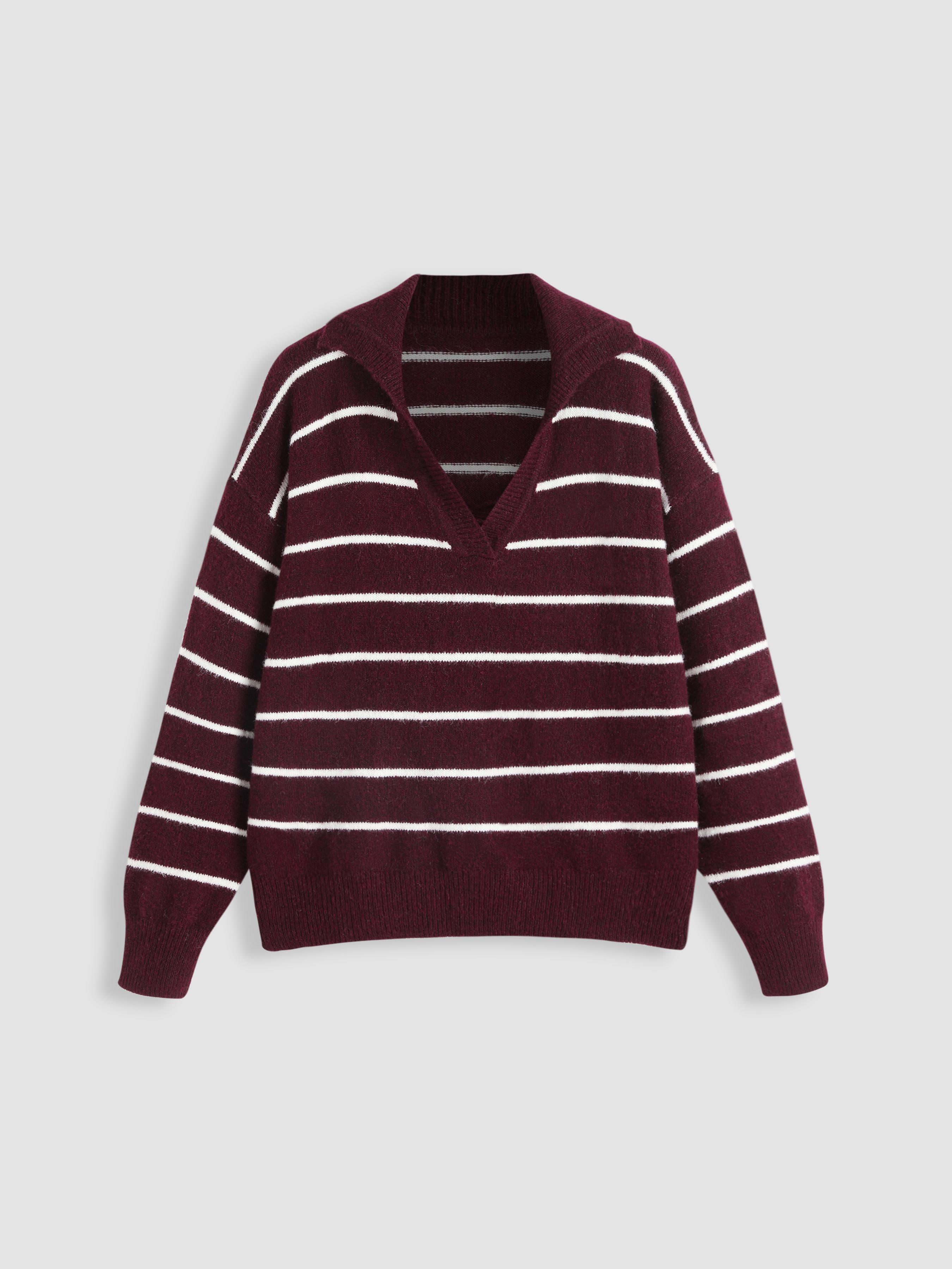 Wool-blend V-neck Striped Knitted Long Sleeve Top by CIDER