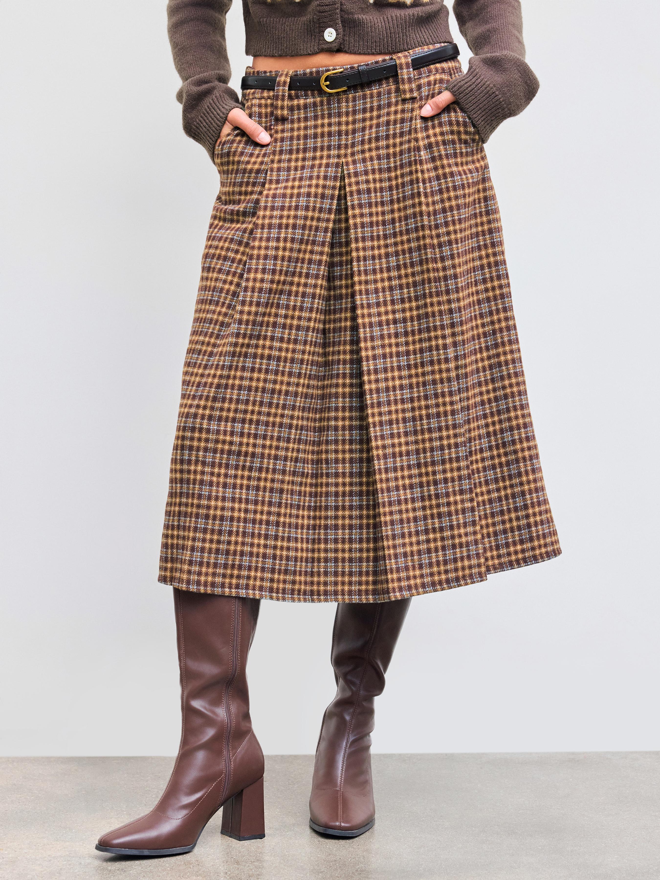 Wool-like Mid Rise Checks Pleated Maxi Skirt With Belt by CIDER