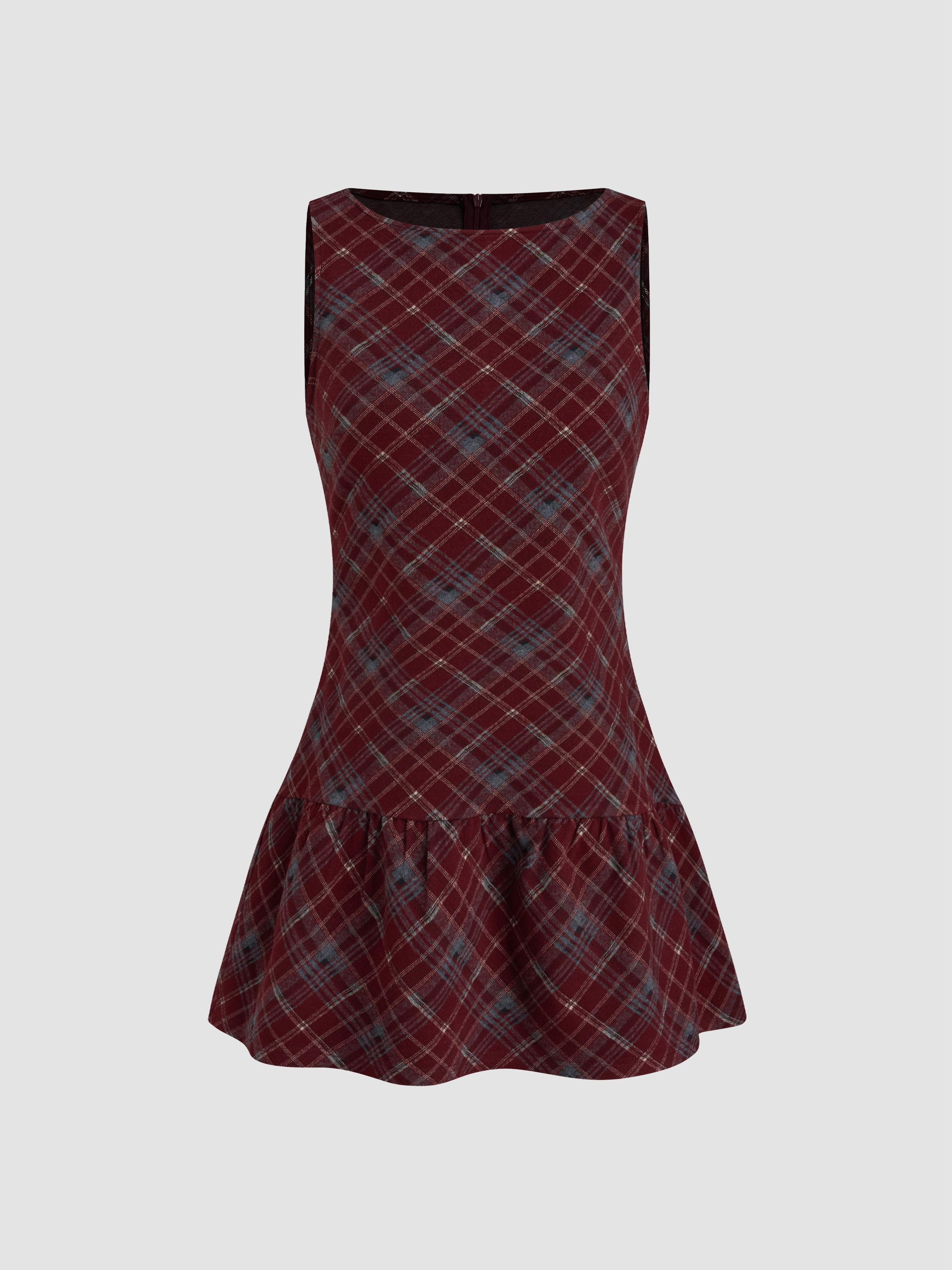 Wool-look Boat Neck Plaid Ruffle Hem Mini Dress by CIDER