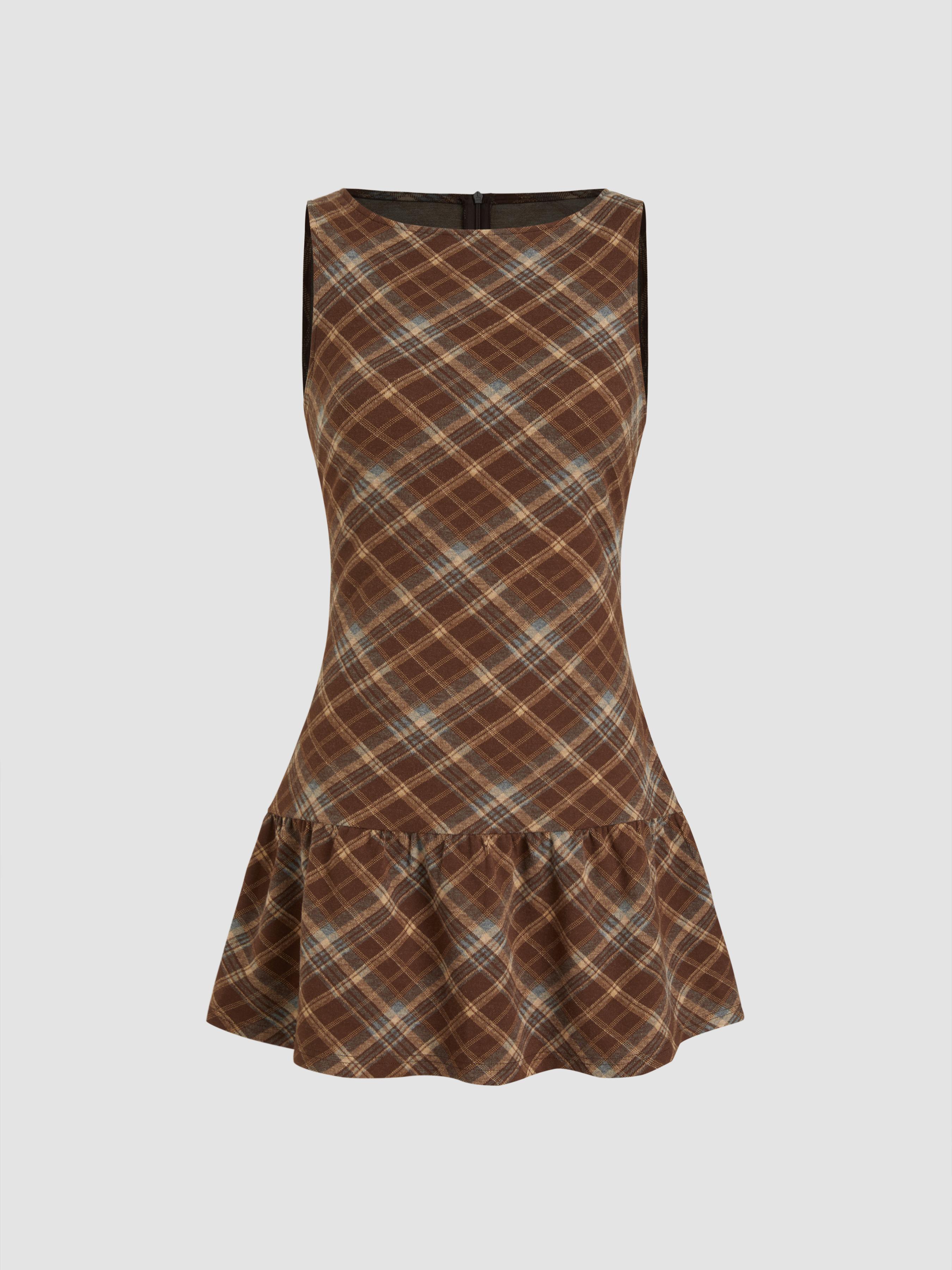 Wool-look Boat Neck Plaid Ruffle Hem Mini Dress by CIDER