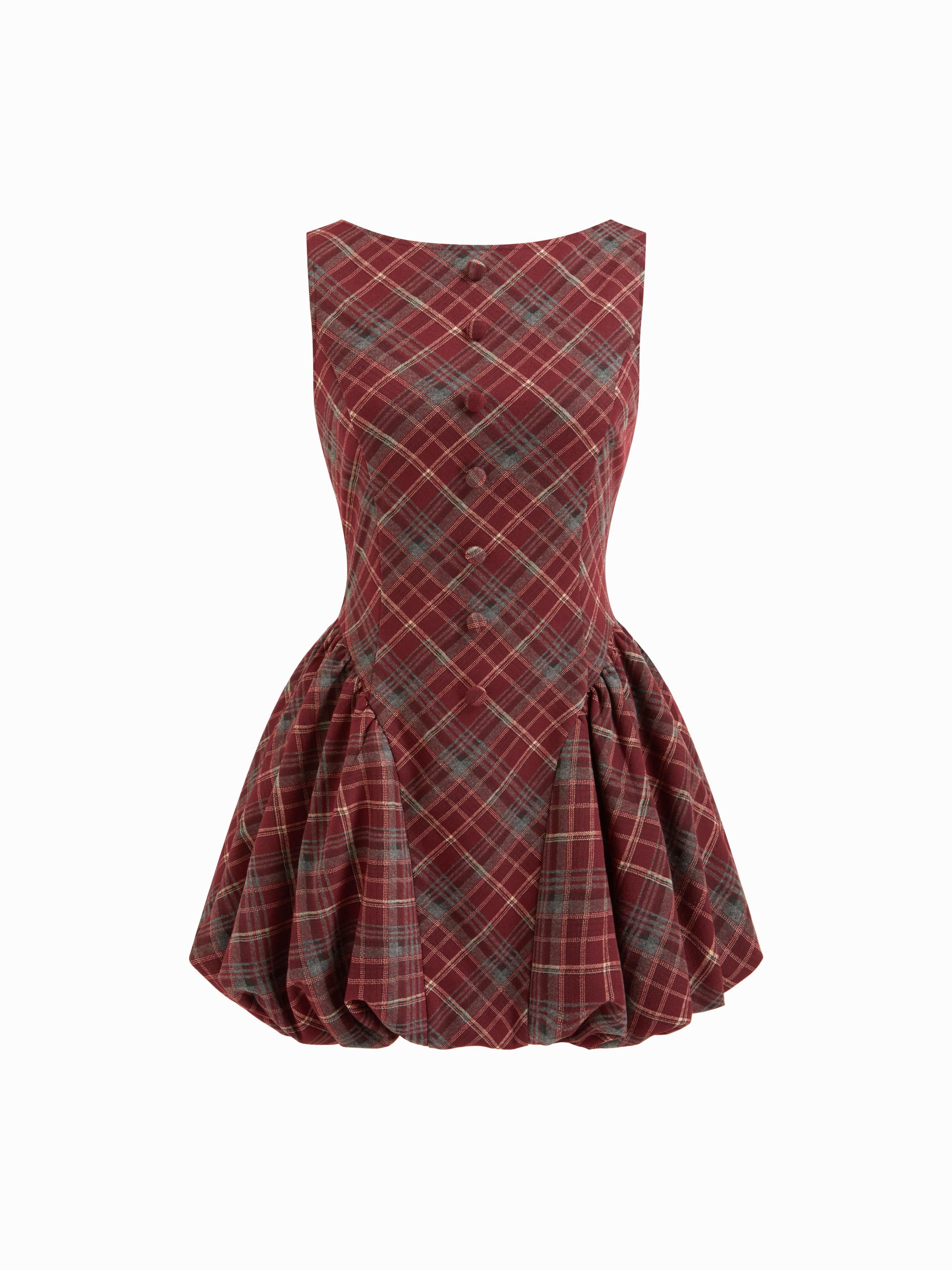 Wool-look Boat Neck Tartan Plaid Bubble Hem Mini Dress by CIDER