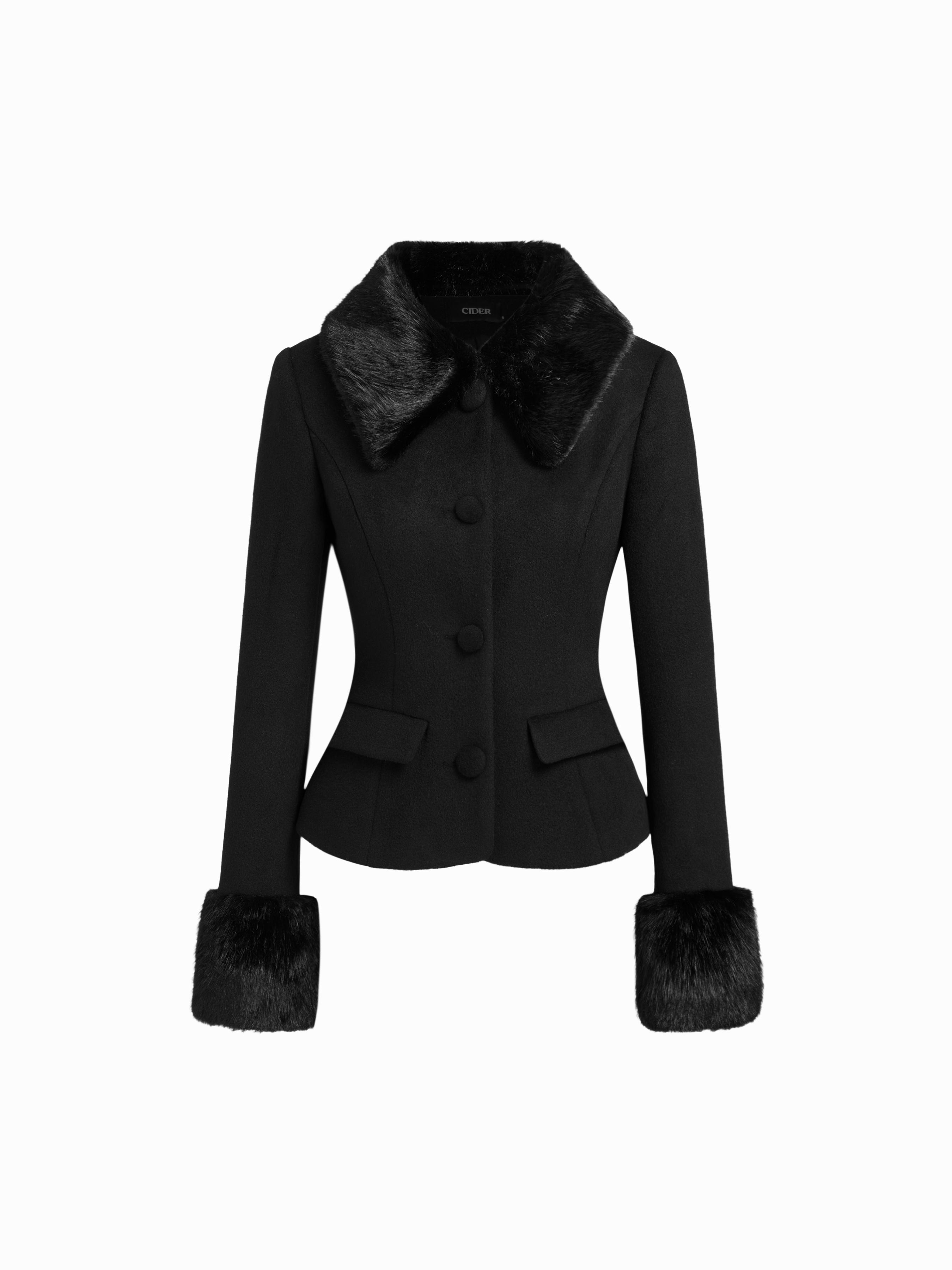 Wool-look Collar Faux Fur Trim Long Sleeve Button Jacket by CIDER