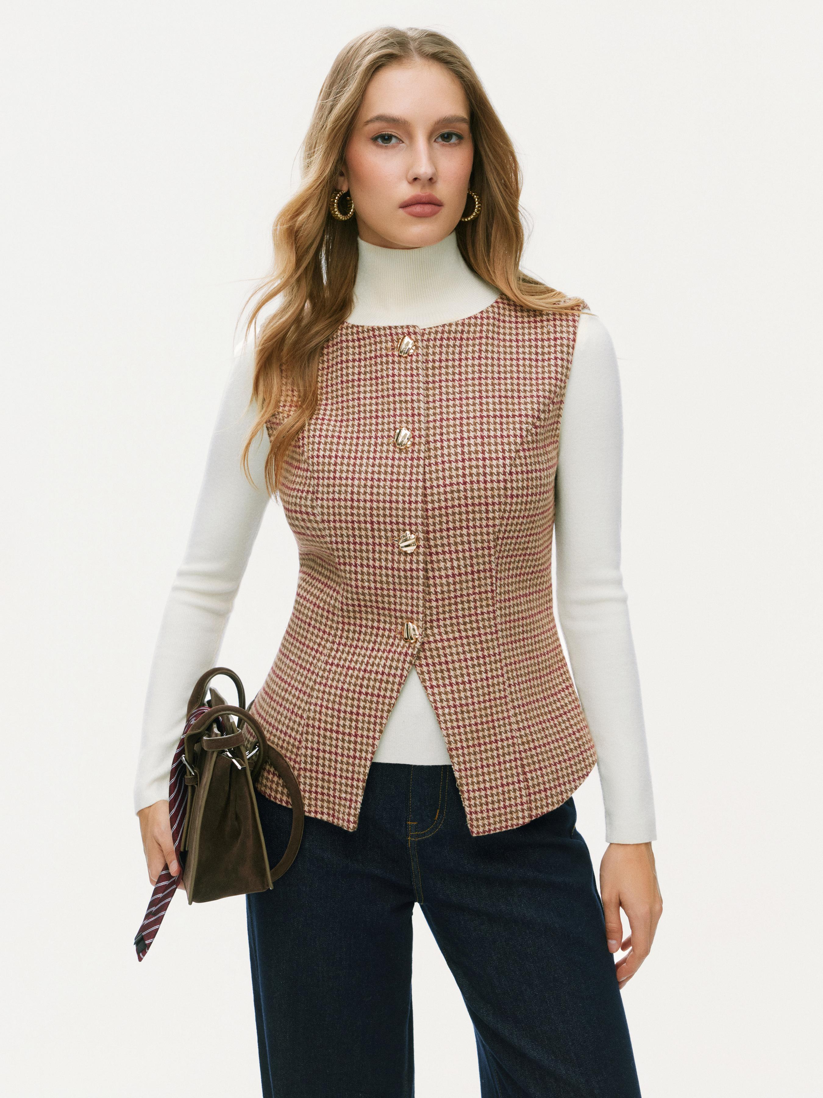 Wool-look Houndstooth Metal Detail Blazer Vest by CIDER