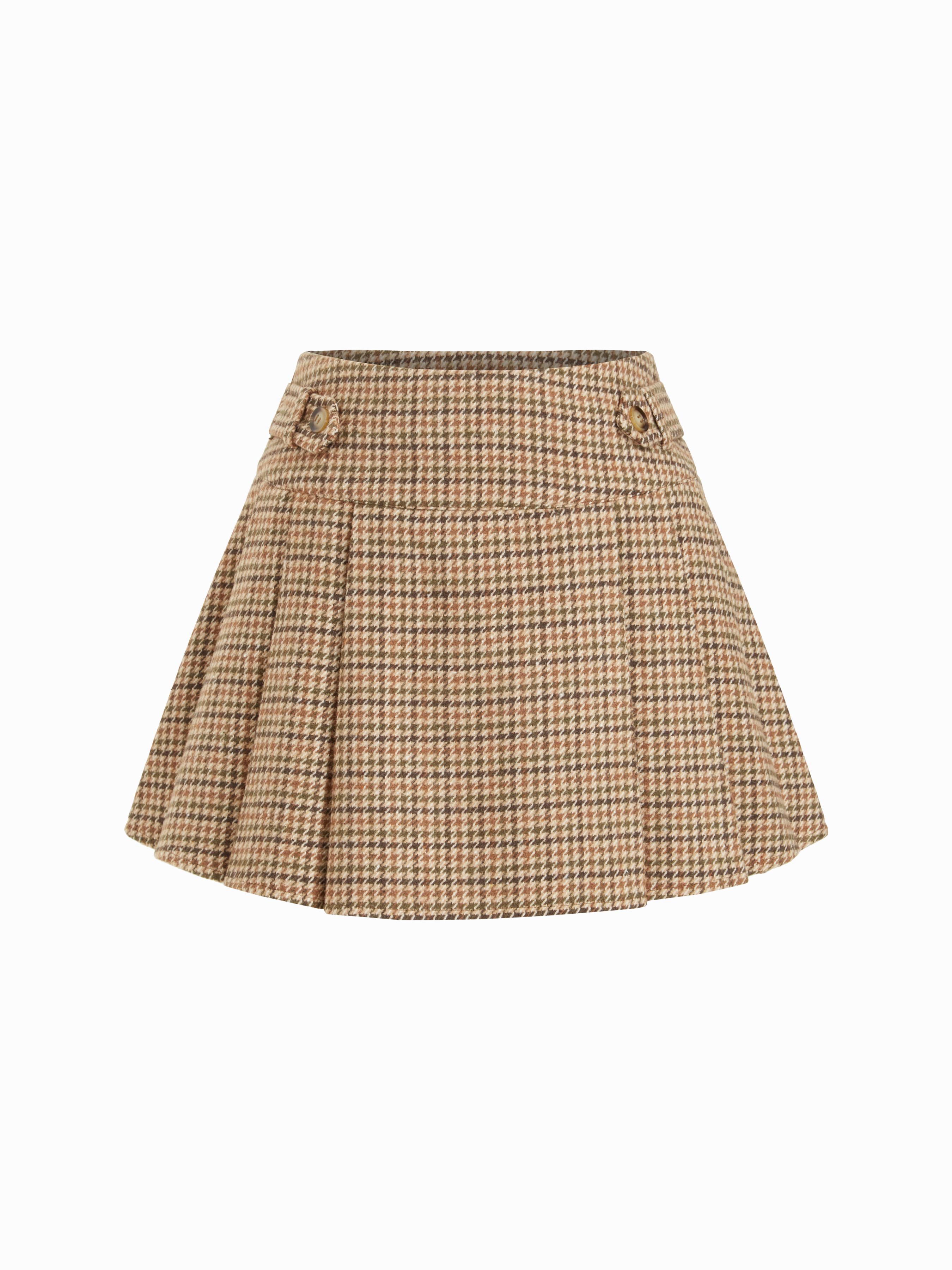 Wool-look Houndstooth Mid Rise A-line Pleated Mini Skirt by CIDER