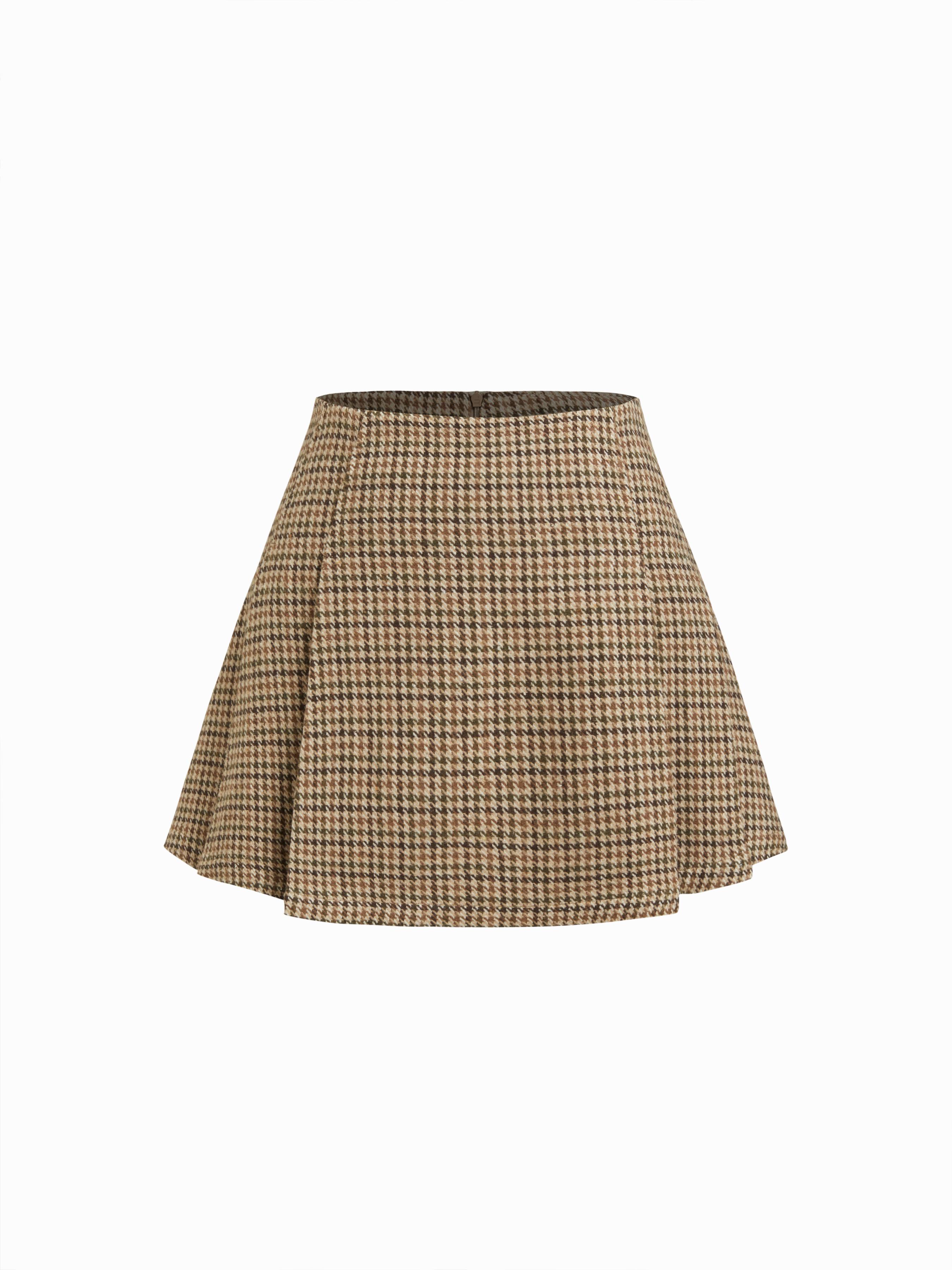 Wool-look Houndstooth Mid Rise Pleated Mini Skirt by CIDER
