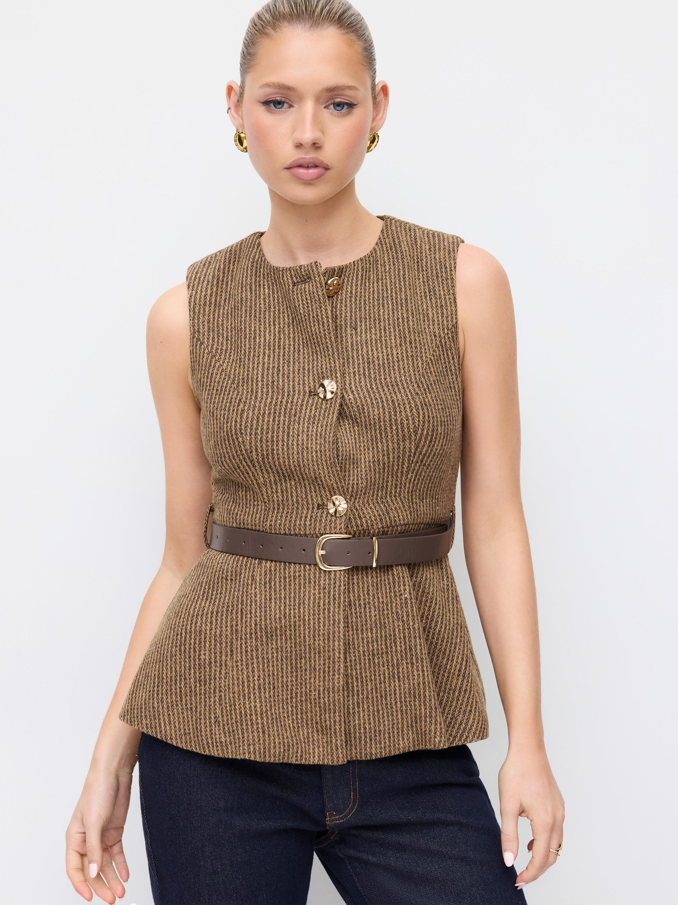 Wool-look Metal Button Round Neckline Blazer Vest With Belt by CIDER