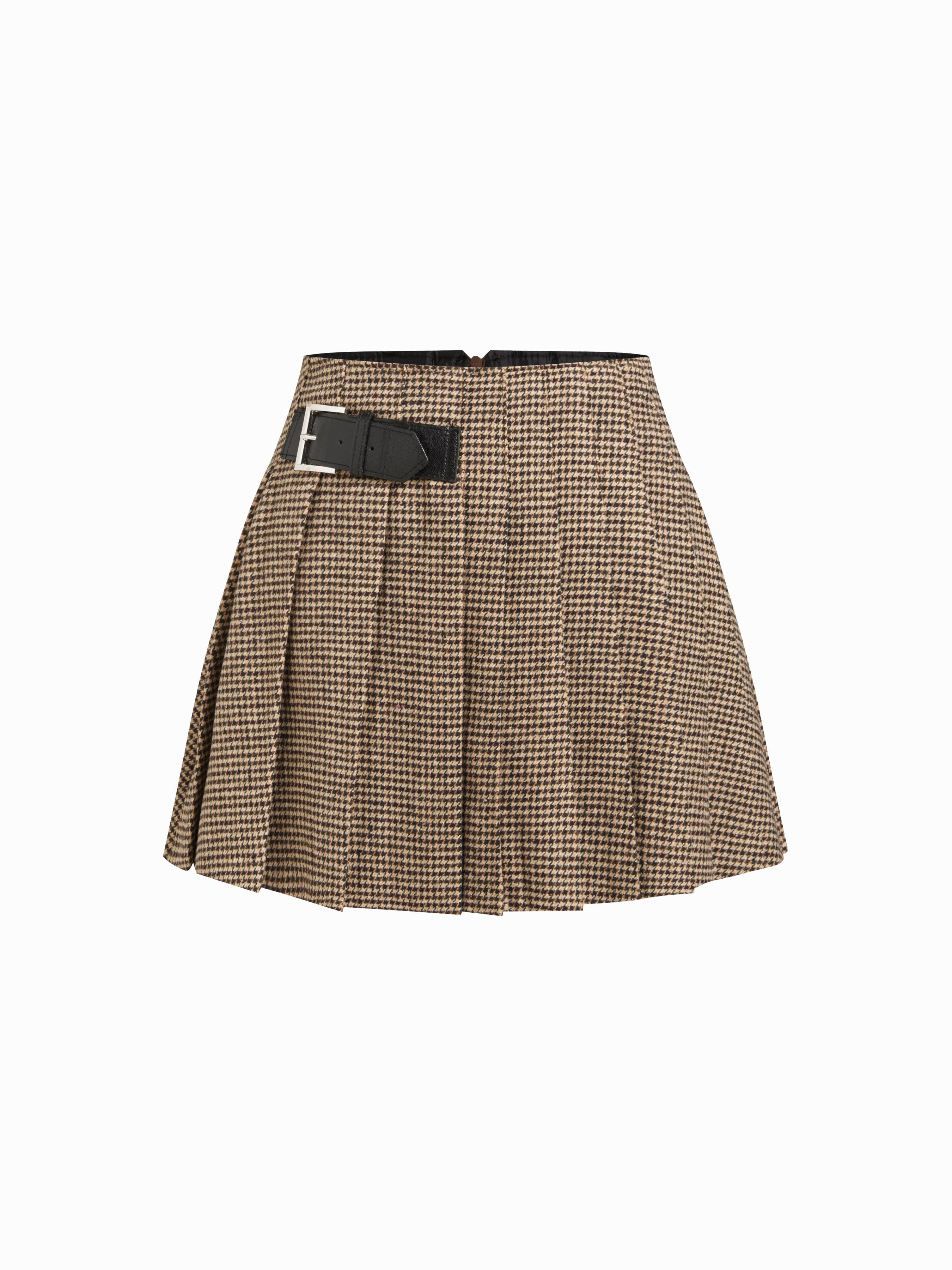 Wool-look Mid Rise Houndstooth Pleated Mini Skirt by CIDER