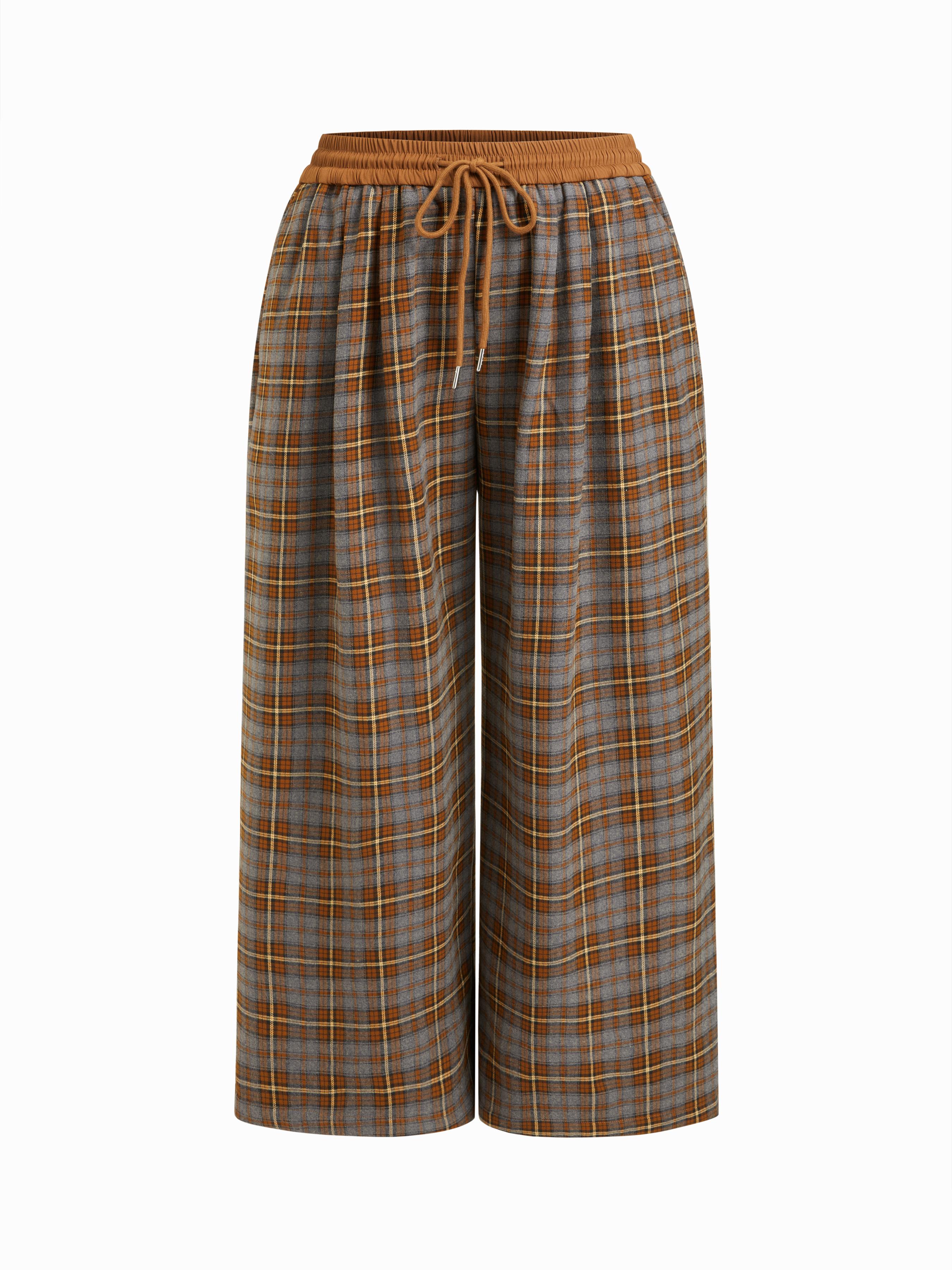 Wool-look Mid Rise Plaid Drawstring Wide Leg Trousers Curve & Plus by CIDER Wool-look Mid Rise Plaid Drawstring Wide Leg Trousers Curve & Plus by CIDER