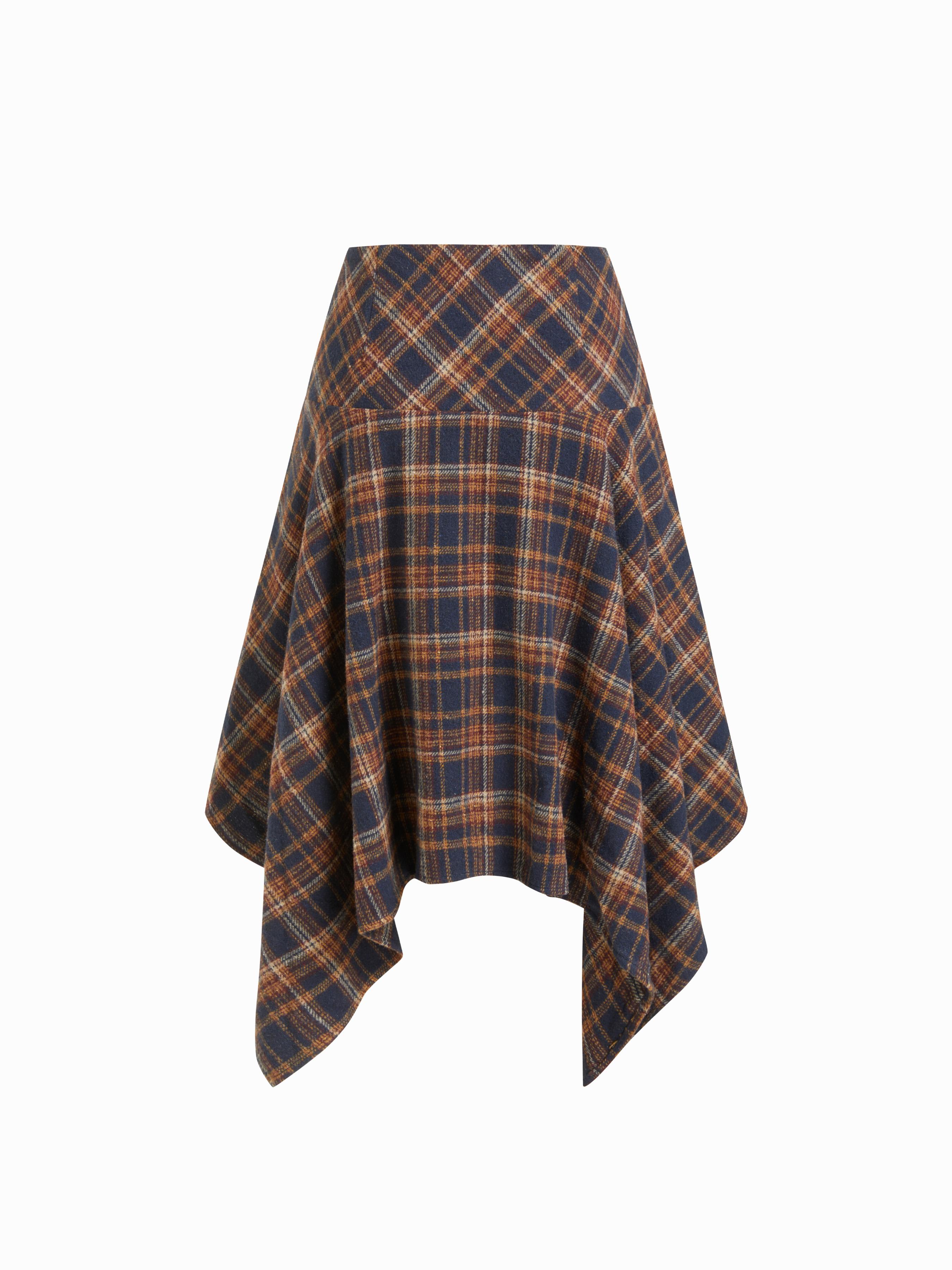 Wool-look Mid Rise Plaid Flared Asymmetrical Midi Skirt by CIDER