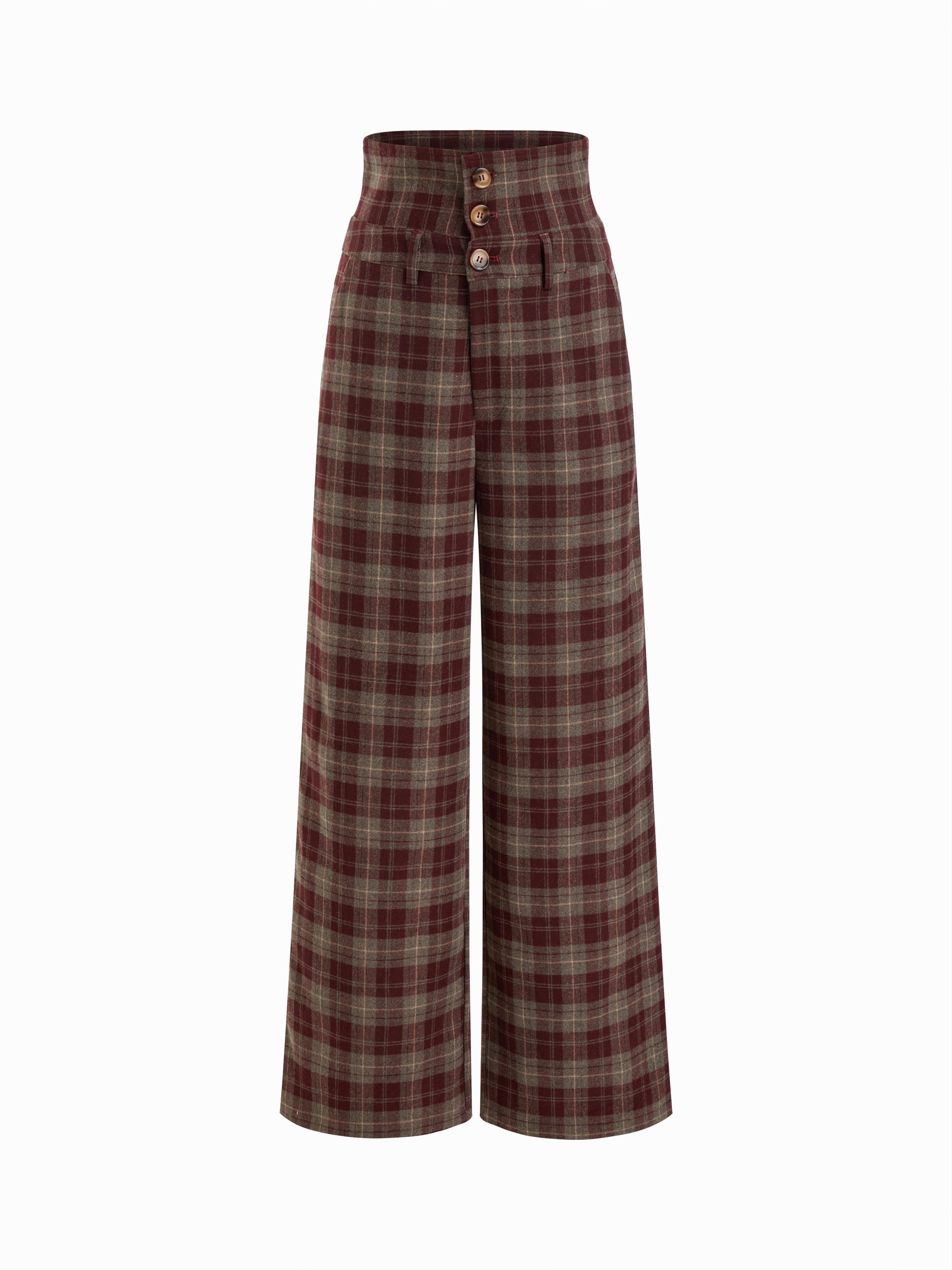Wool-look Mid Rise Plaid Fold Over Button Straight Leg Trousers by CIDER