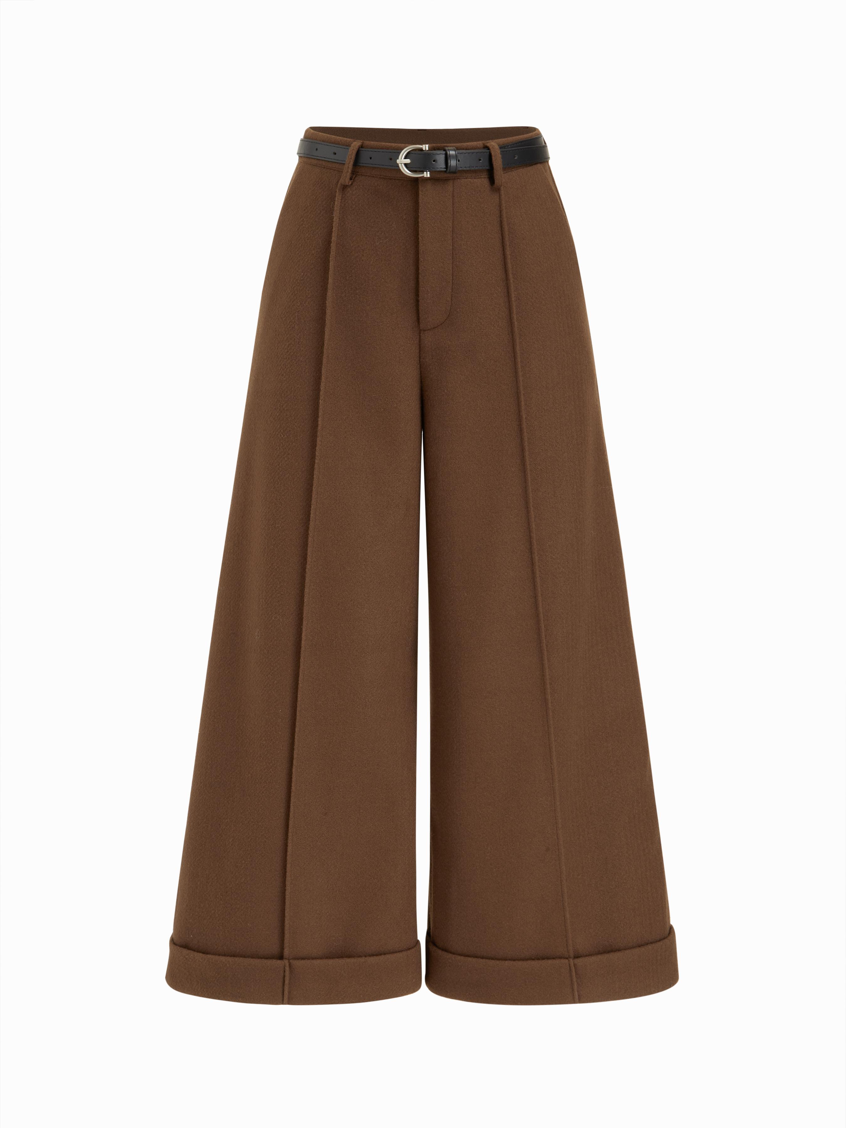 Wool-look Mid Rise Roll Hem Cropped Trousers With Belt by CIDER