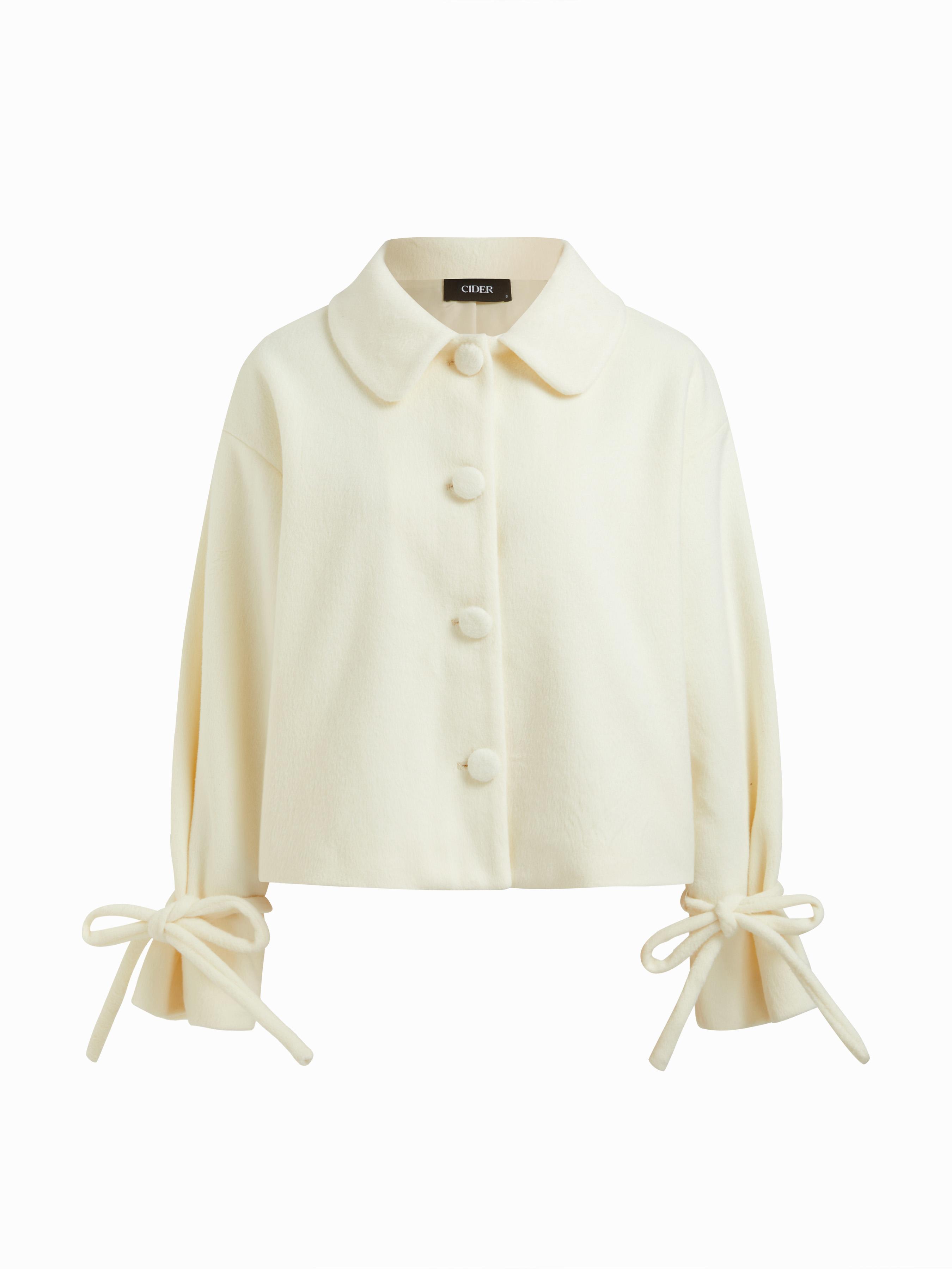 Wool-look Peter Pan Collar Long Sleeve Bowknot Button Jacket by CIDER