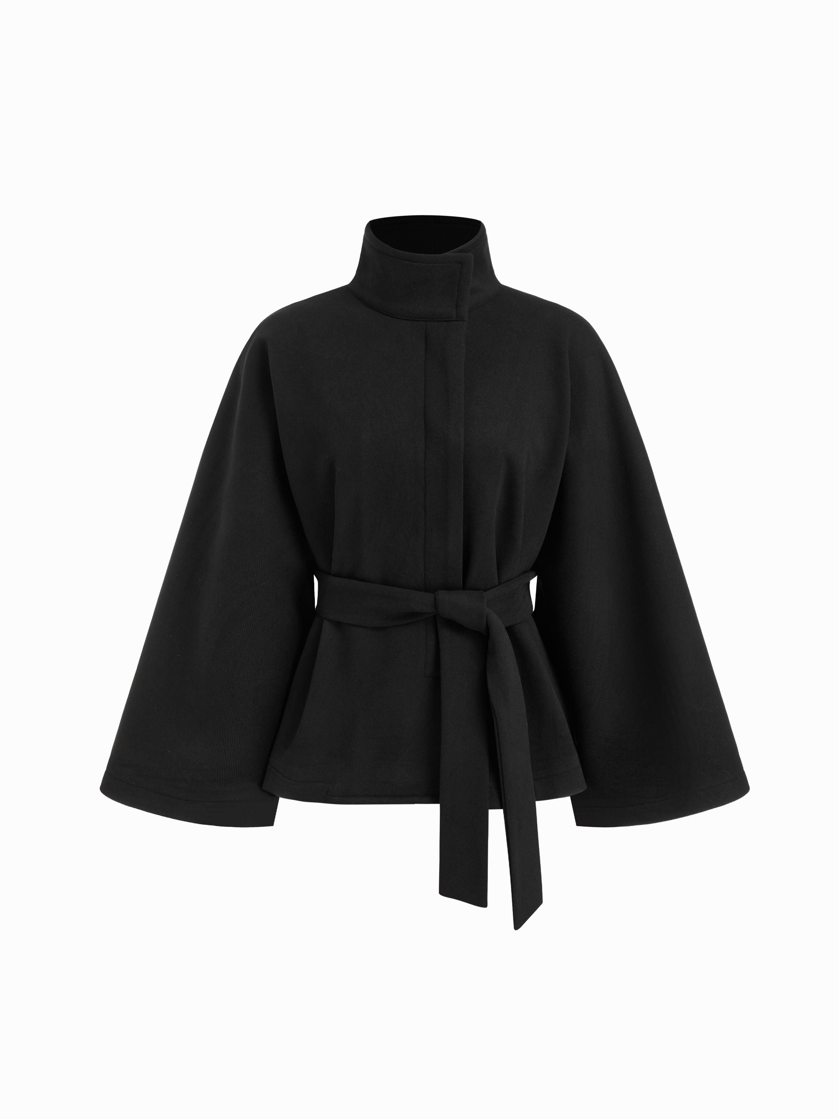 Wool-look Stand Collar Cloak Sleeve Oversized Jacket With Belt by CIDER
