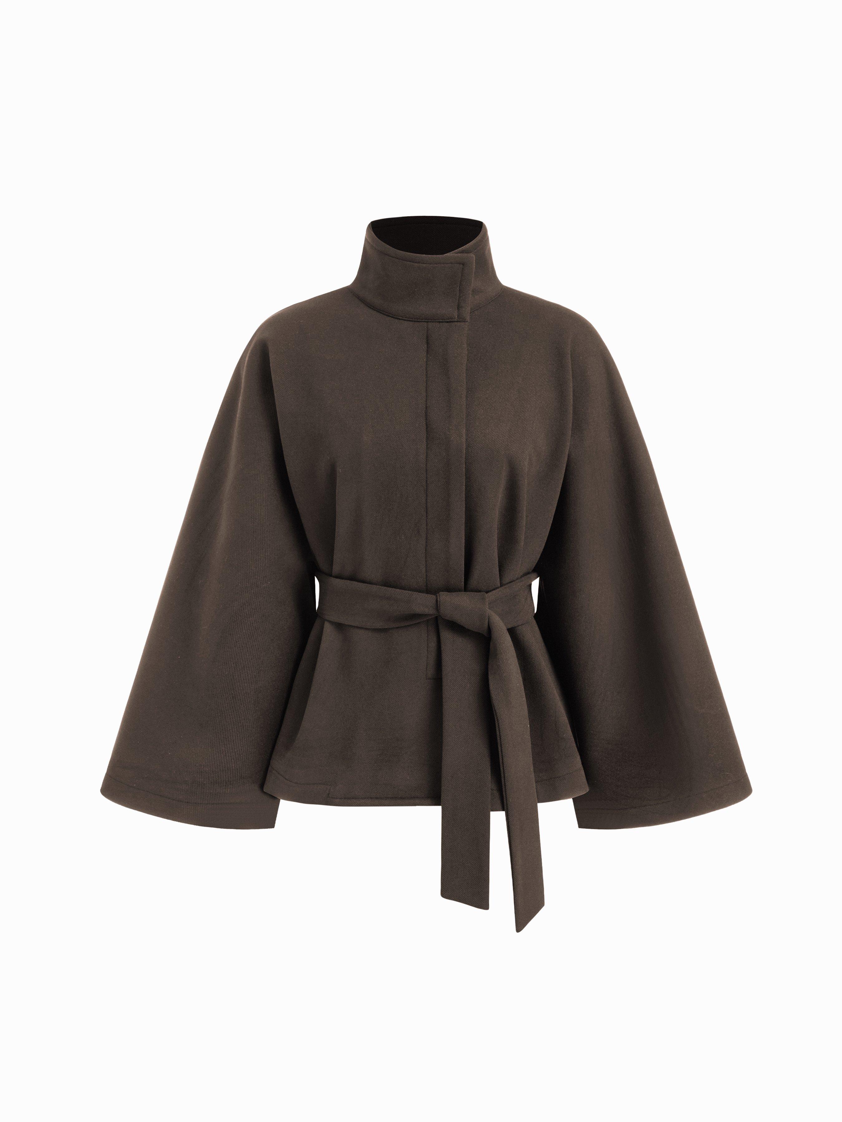 Wool-look Stand Collar Cloak Sleeve Oversized Jacket With Belt by CIDER