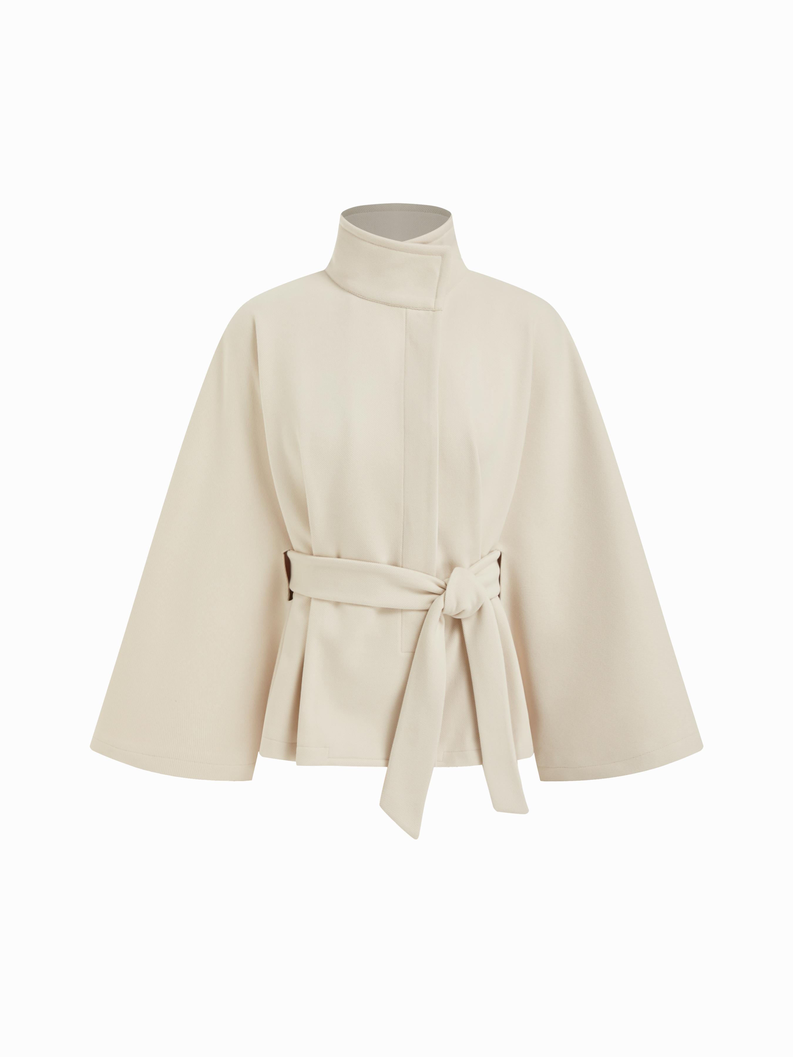 Wool-look Stand Collar Cloak Sleeve Oversized Jacket With Belt by CIDER