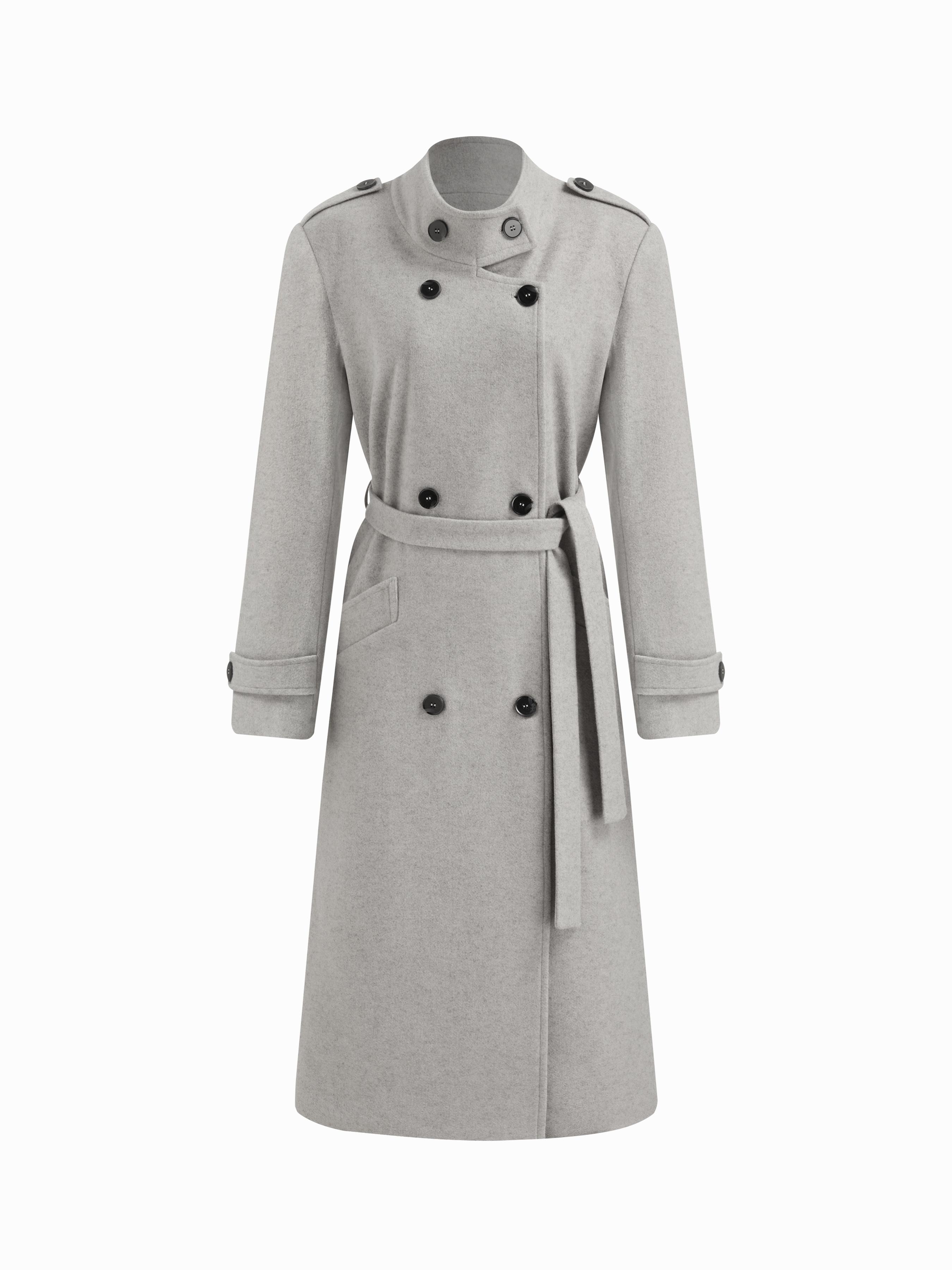 Wool-look Stand Collar Double Breasted Trench Coat With Belt by CIDER