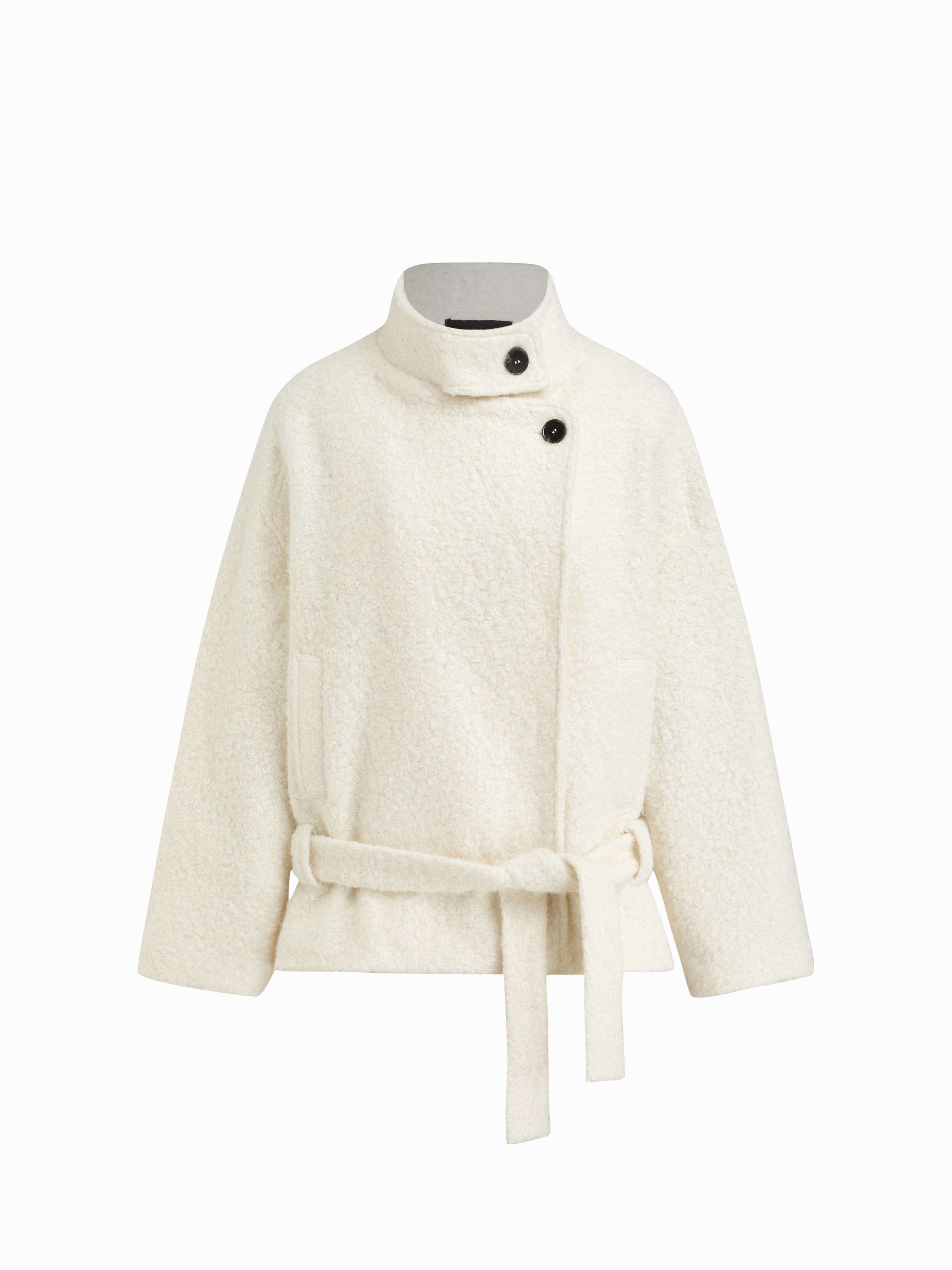 Wool-look Stand Collar Long Sleeve Jacket With Belt by CIDER