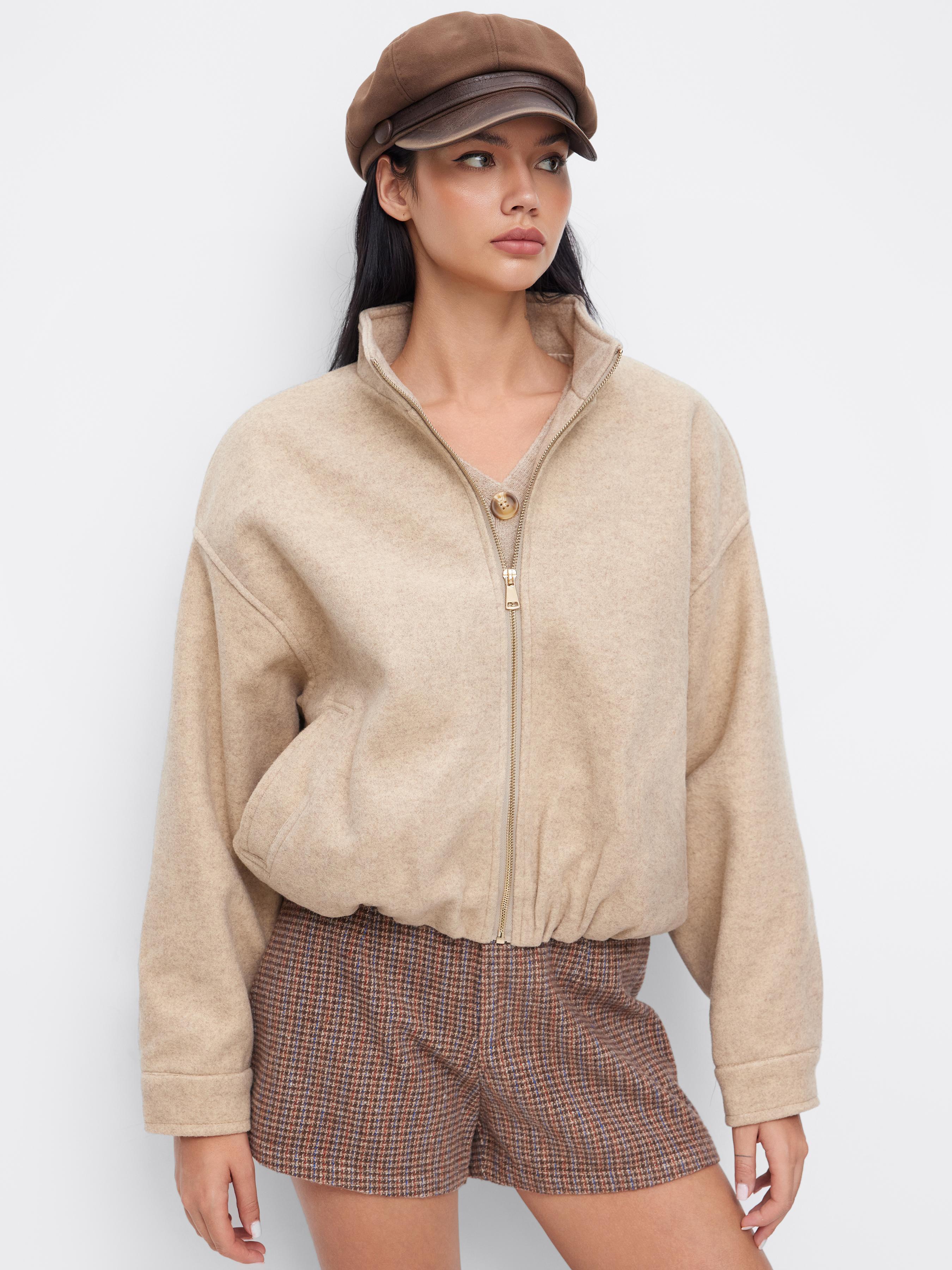 Wool-look Stand Collar Zip Through Oversized Bomber by CIDER