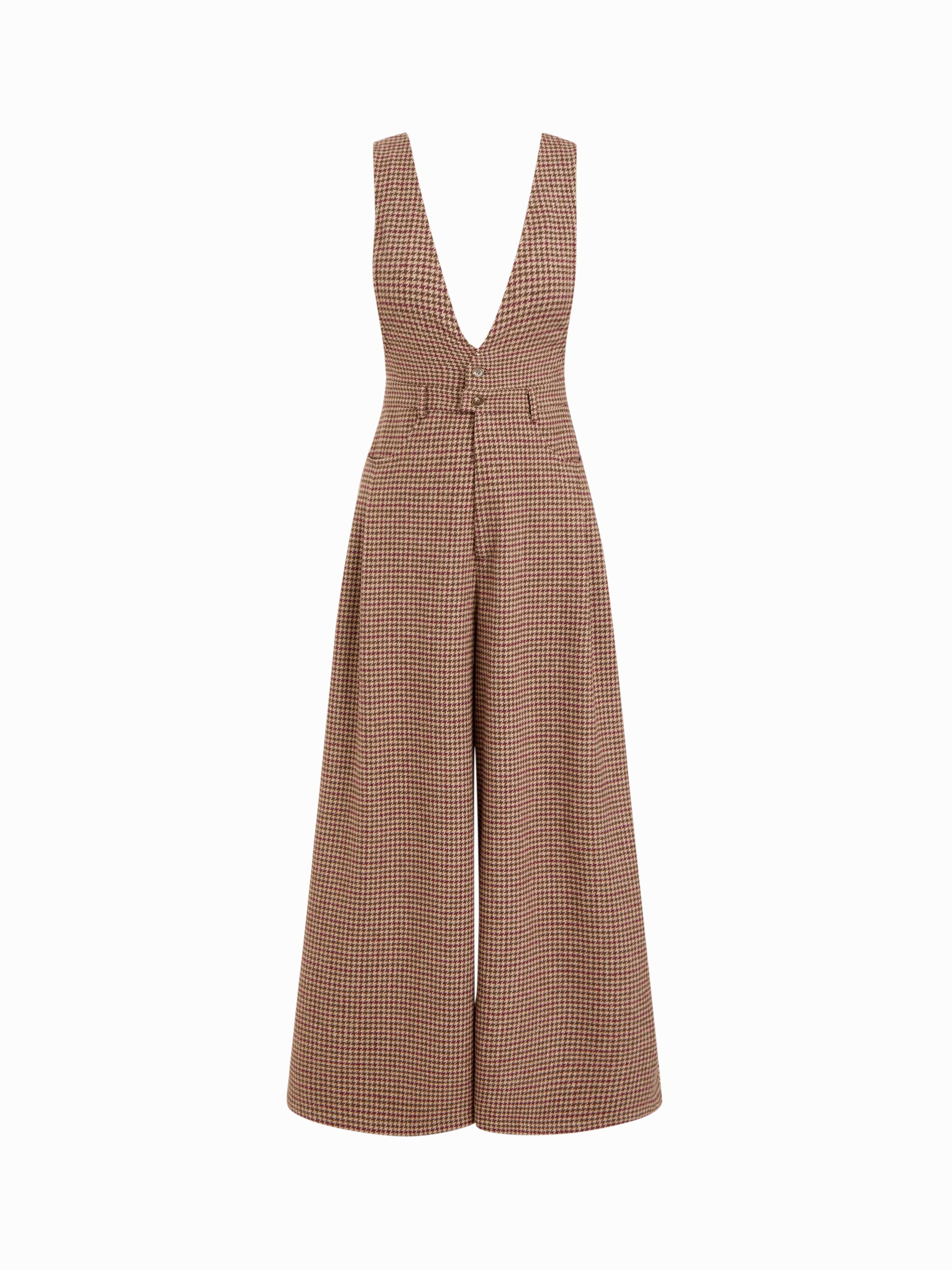 Wool-look V-neck Houndstooth Wide Leg Overalls by CIDER