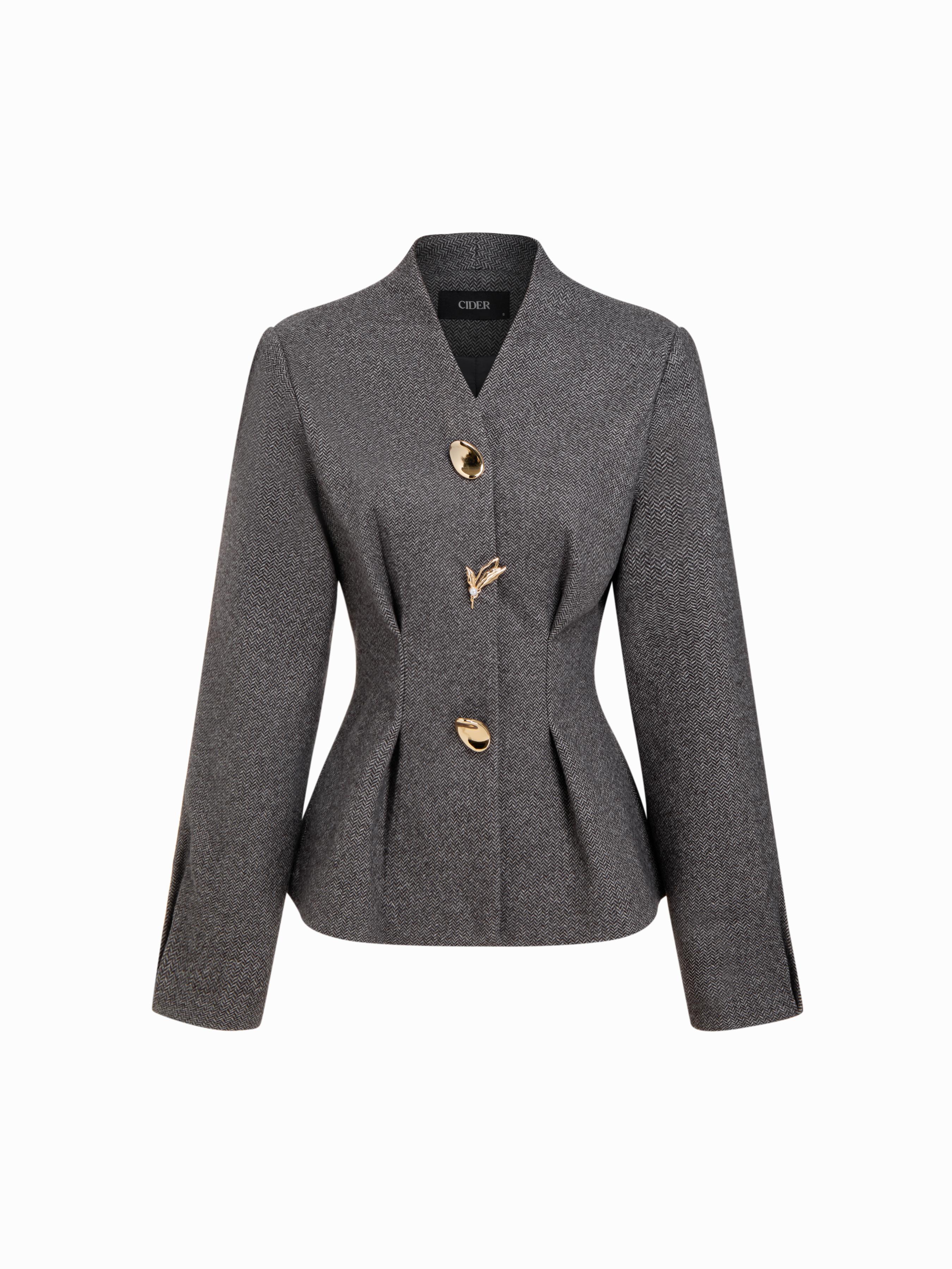 Wool-look V-neck Metal Detail Ruched Cinched Waist Blazer by CIDER