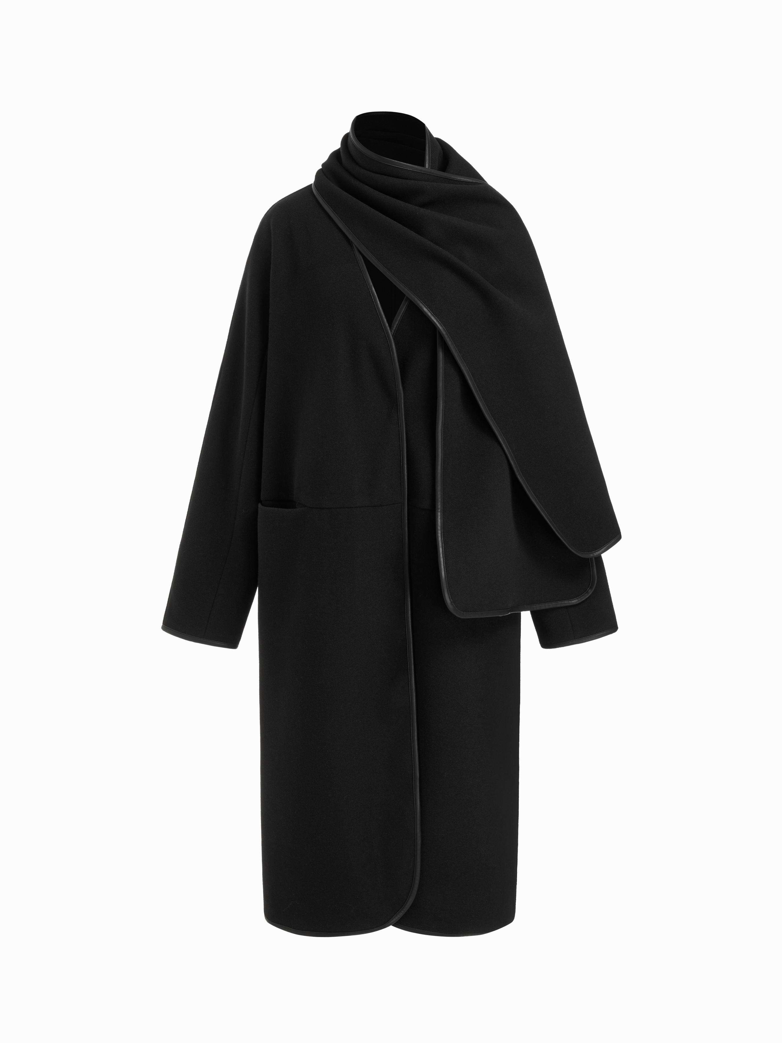 Wool-look V-neck Oversized Coat with Scarf by CIDER
