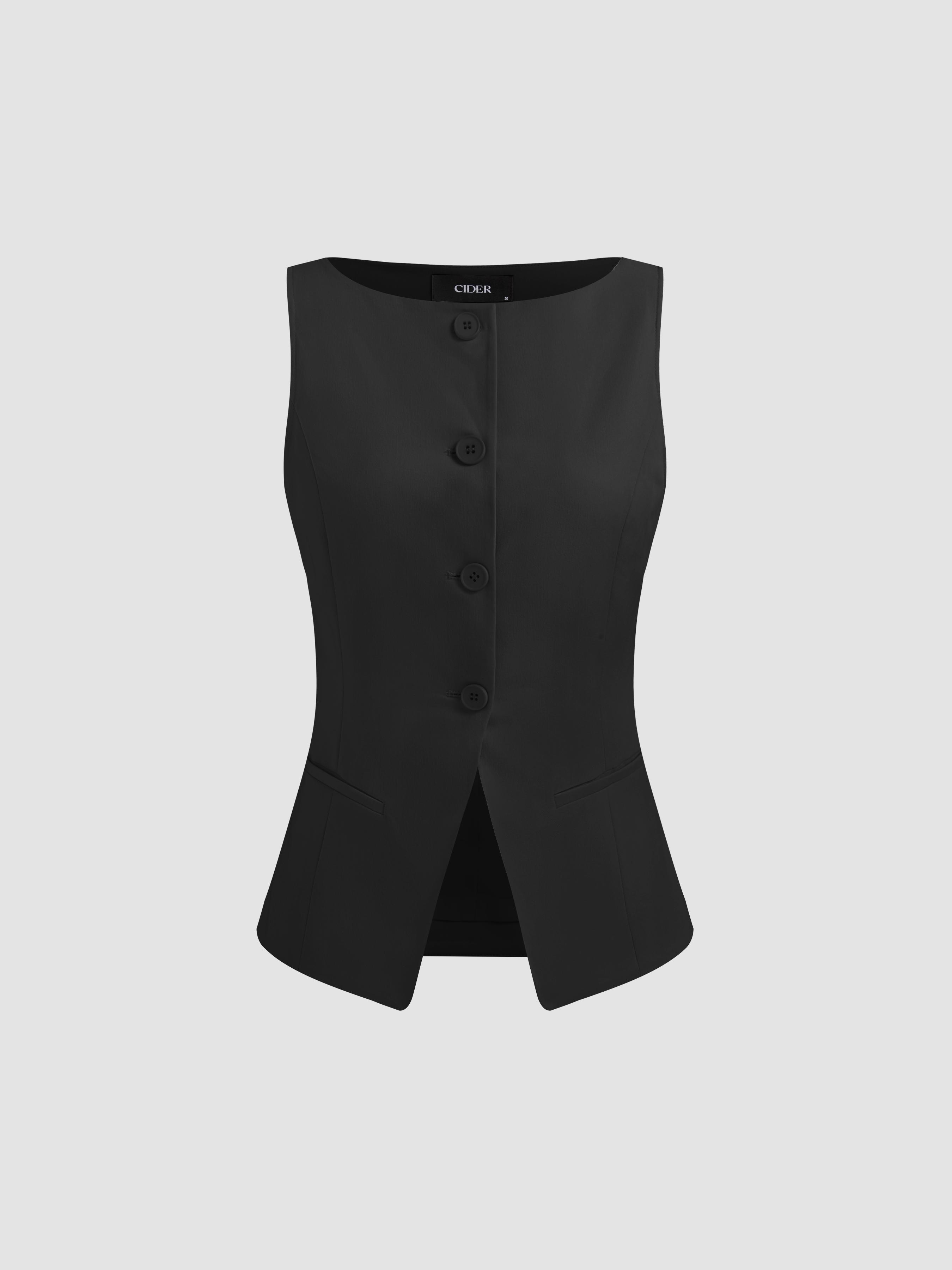 Woven Boat Neck Solid Button Vest by CIDER