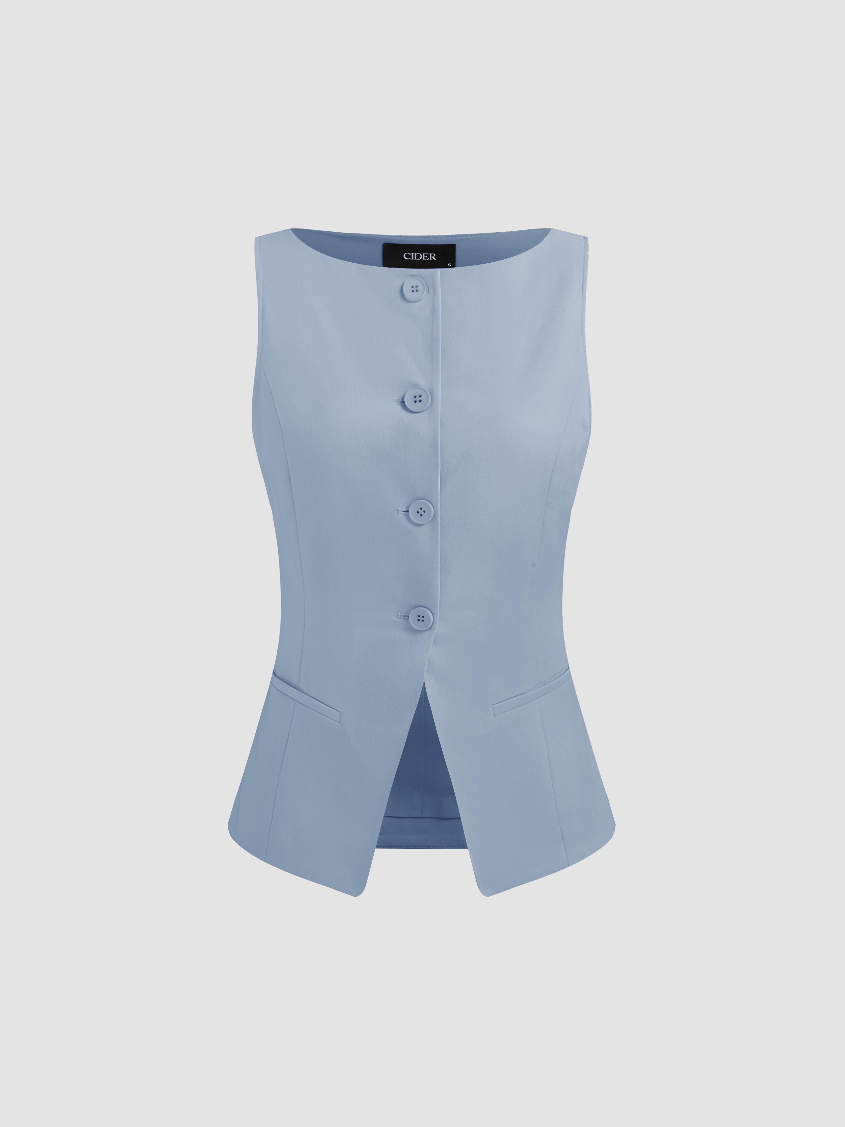 Woven Boat Neck Solid Button Vest by CIDER
