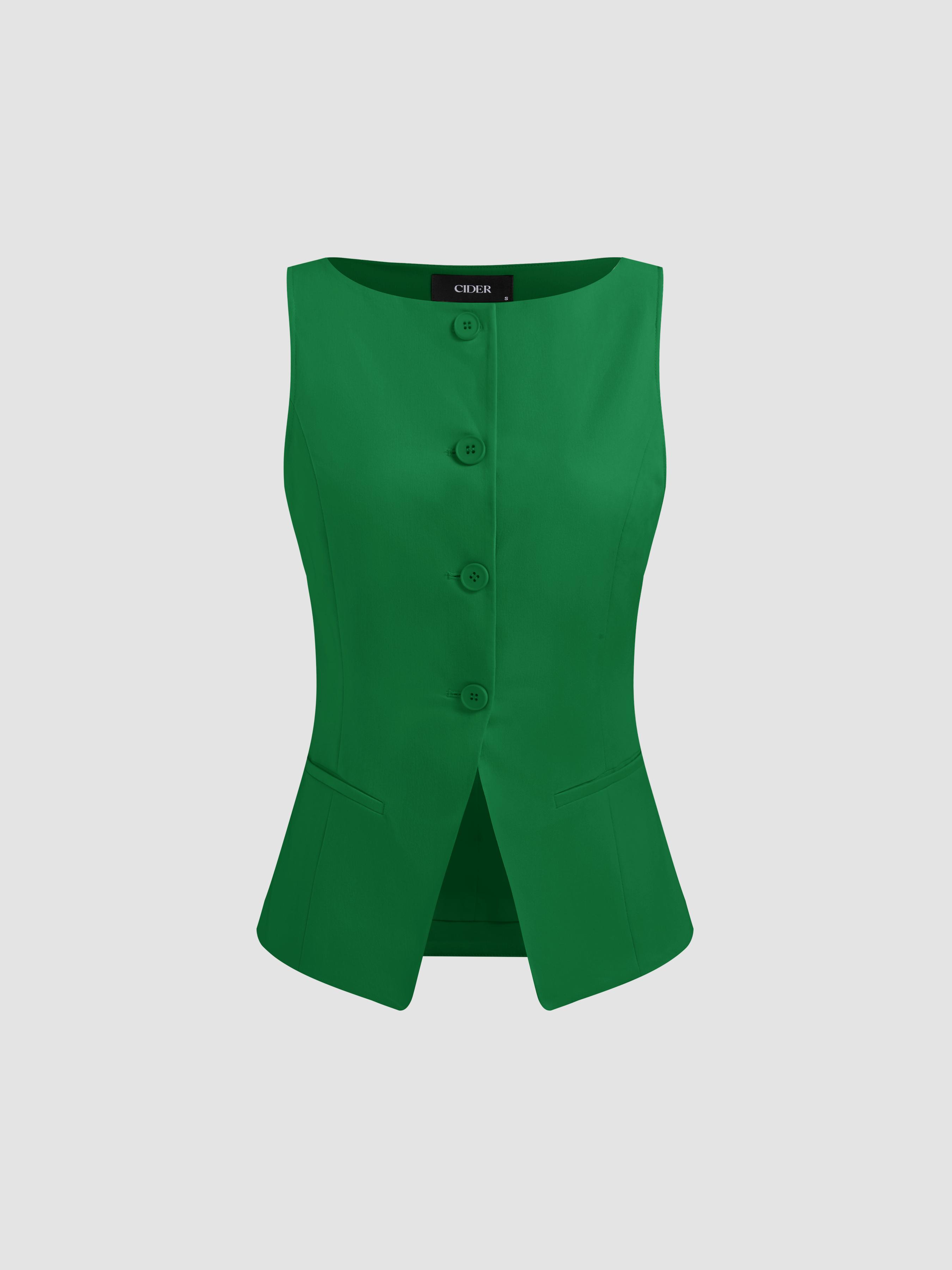 Woven Boat Neck Solid Button Vest by CIDER