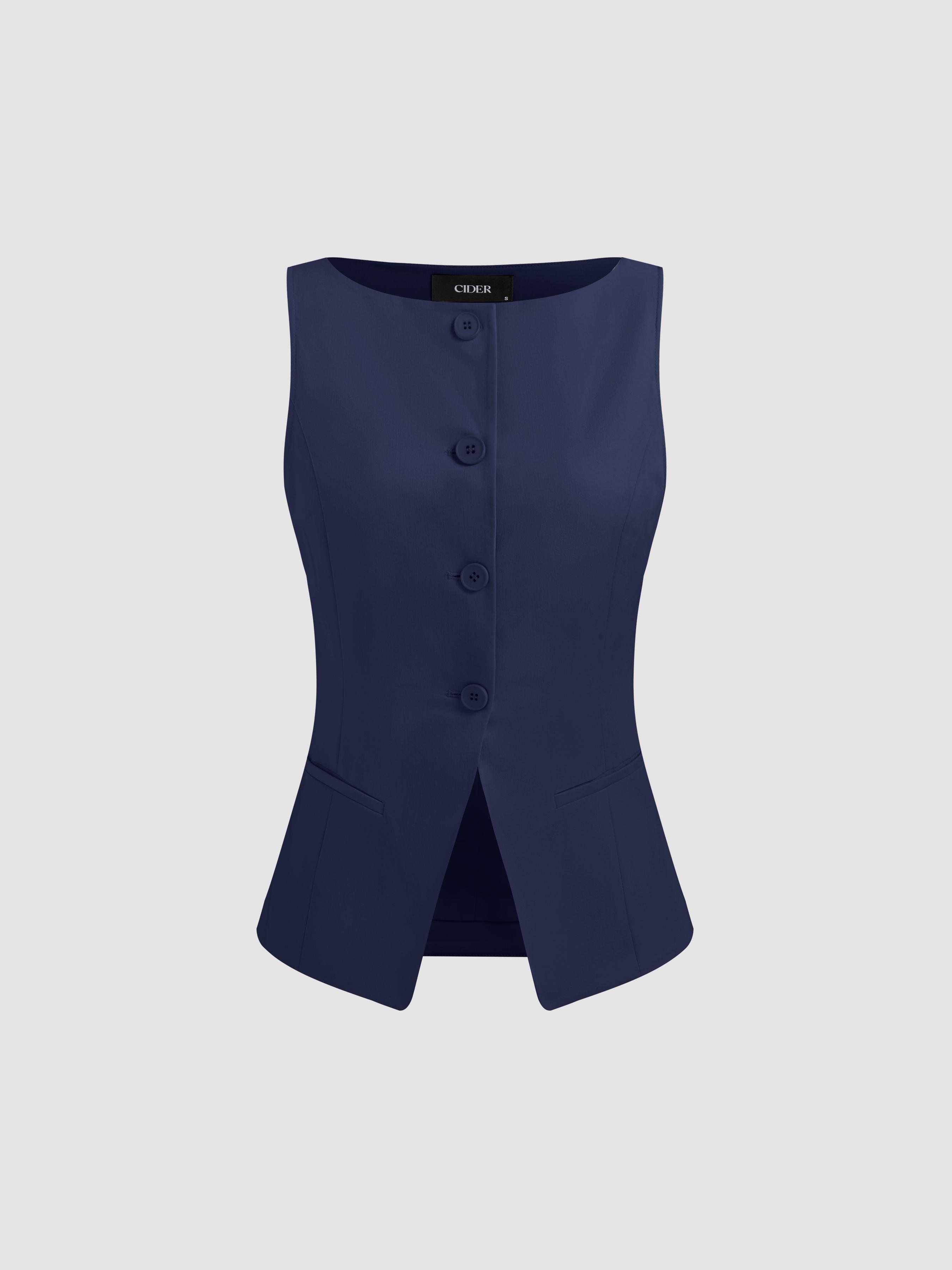 Woven Boat Neck Solid Button Vest by CIDER