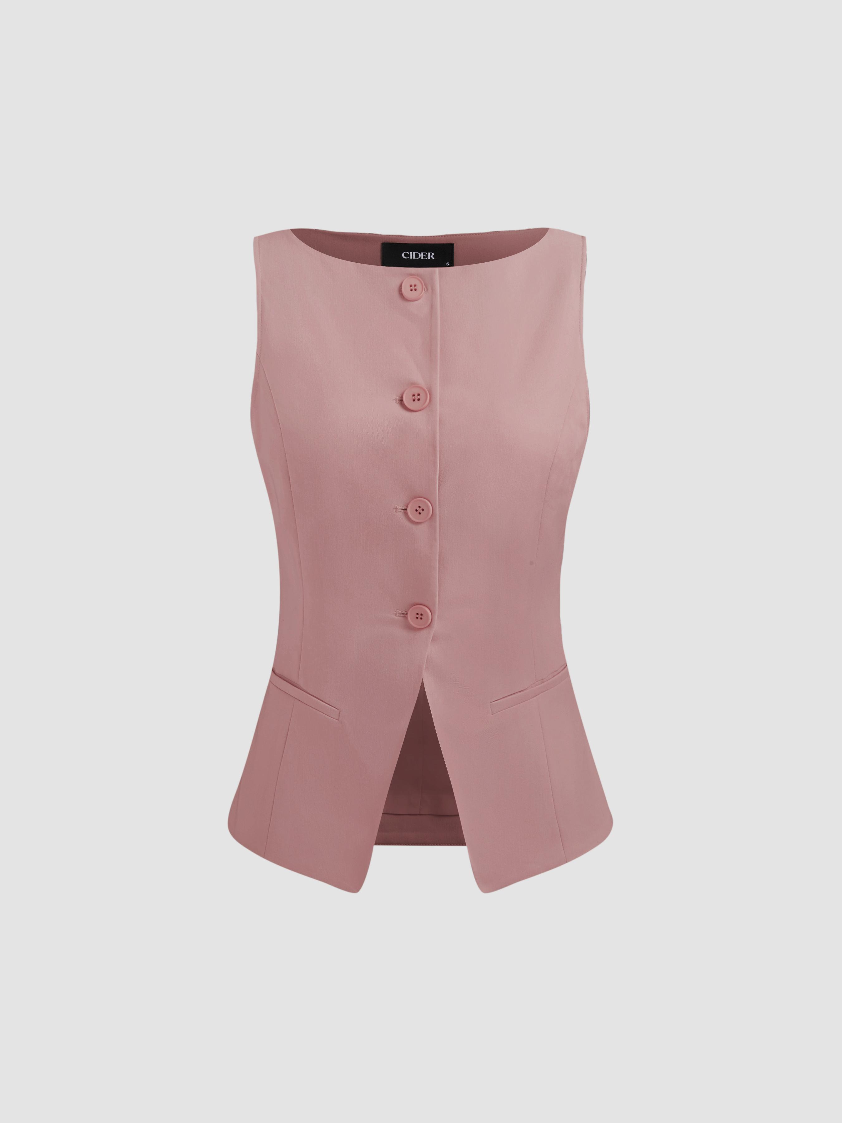 Woven Boat Neck Solid Button Vest by CIDER