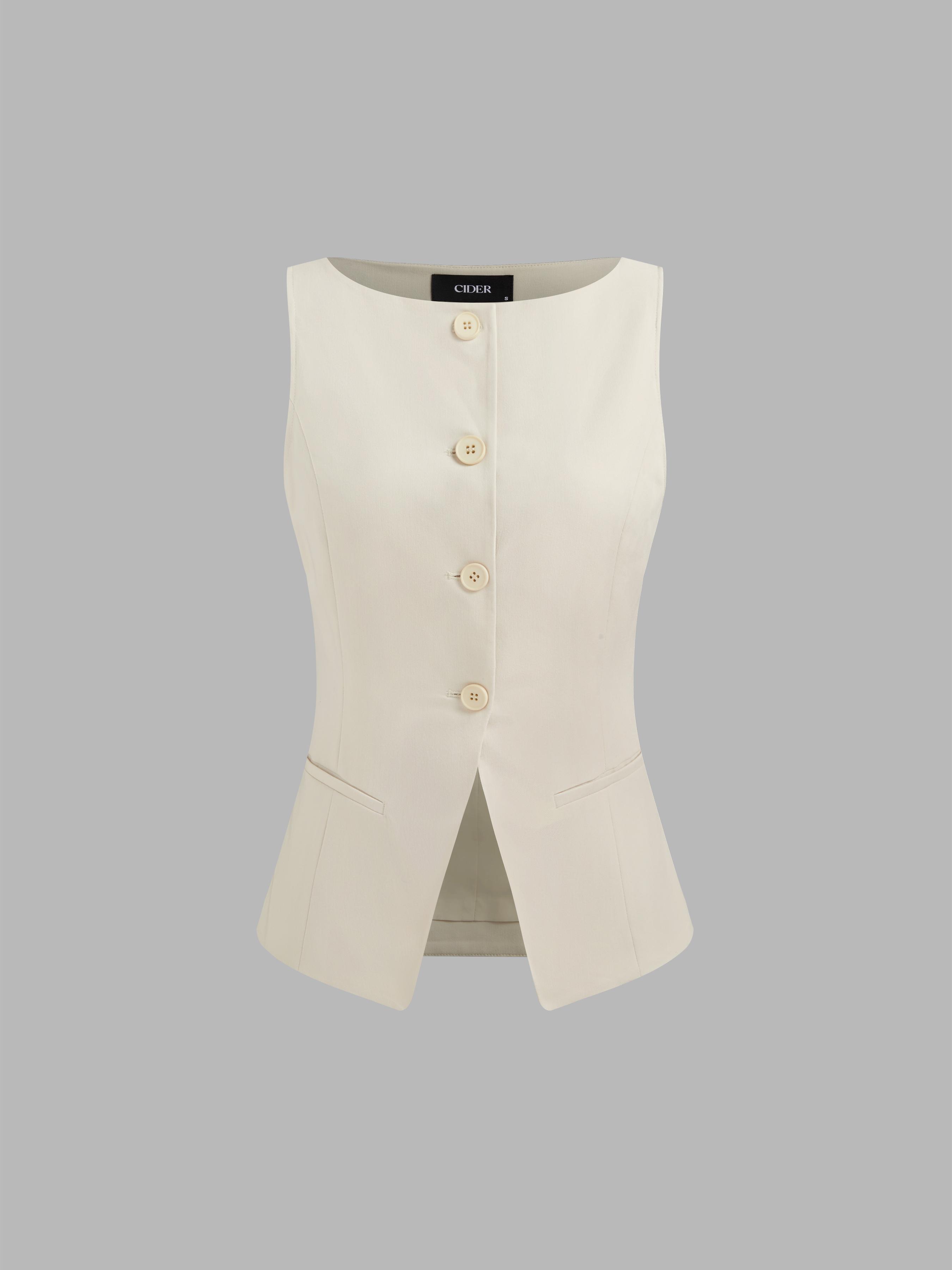 Woven Boat Neck Solid Button Vest by CIDER