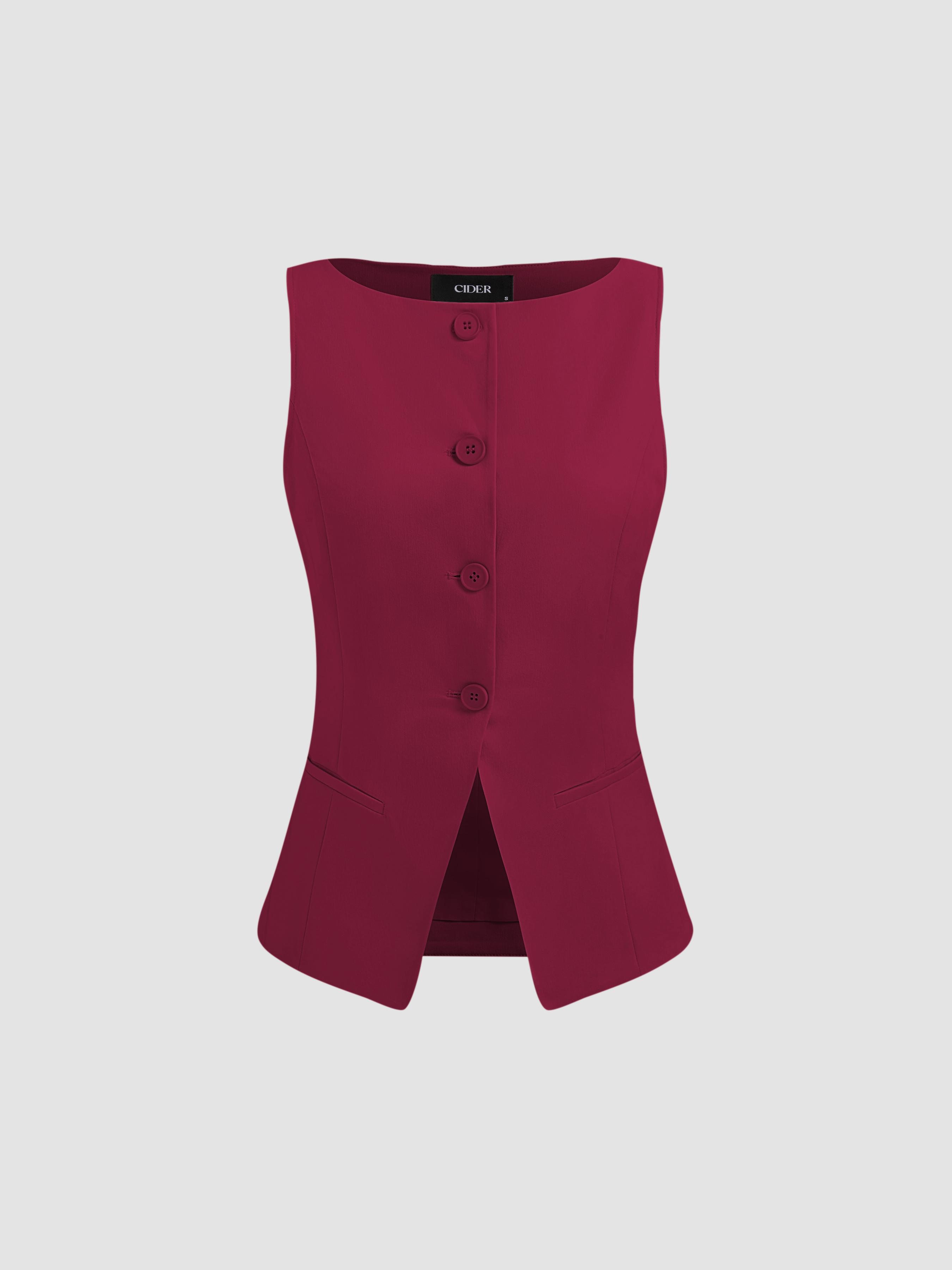 Woven Boat Neck Solid Button Vest by CIDER
