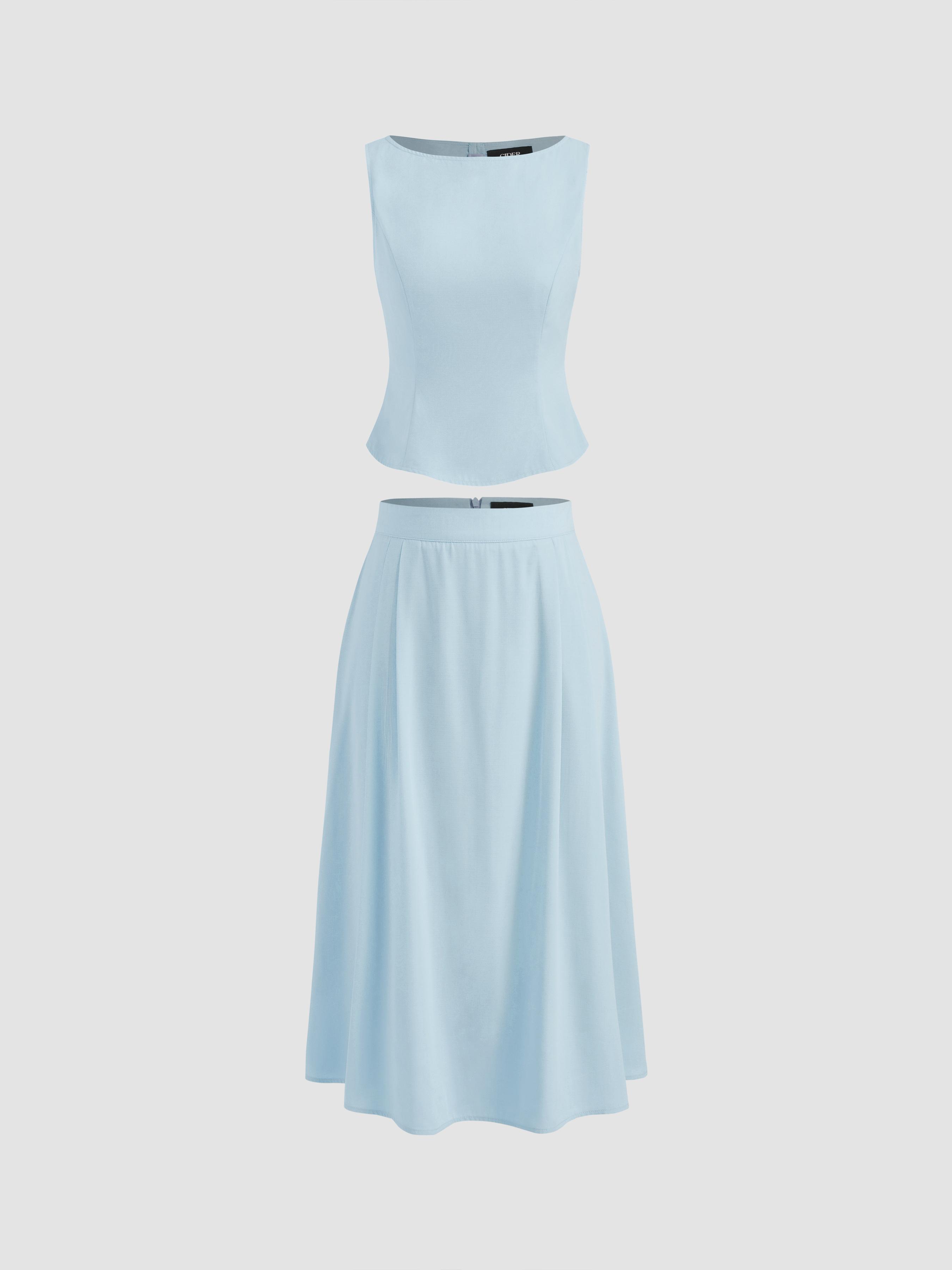 Woven Boat Neck Solid Tank Top & Mid Rise Midi Skirt by CIDER