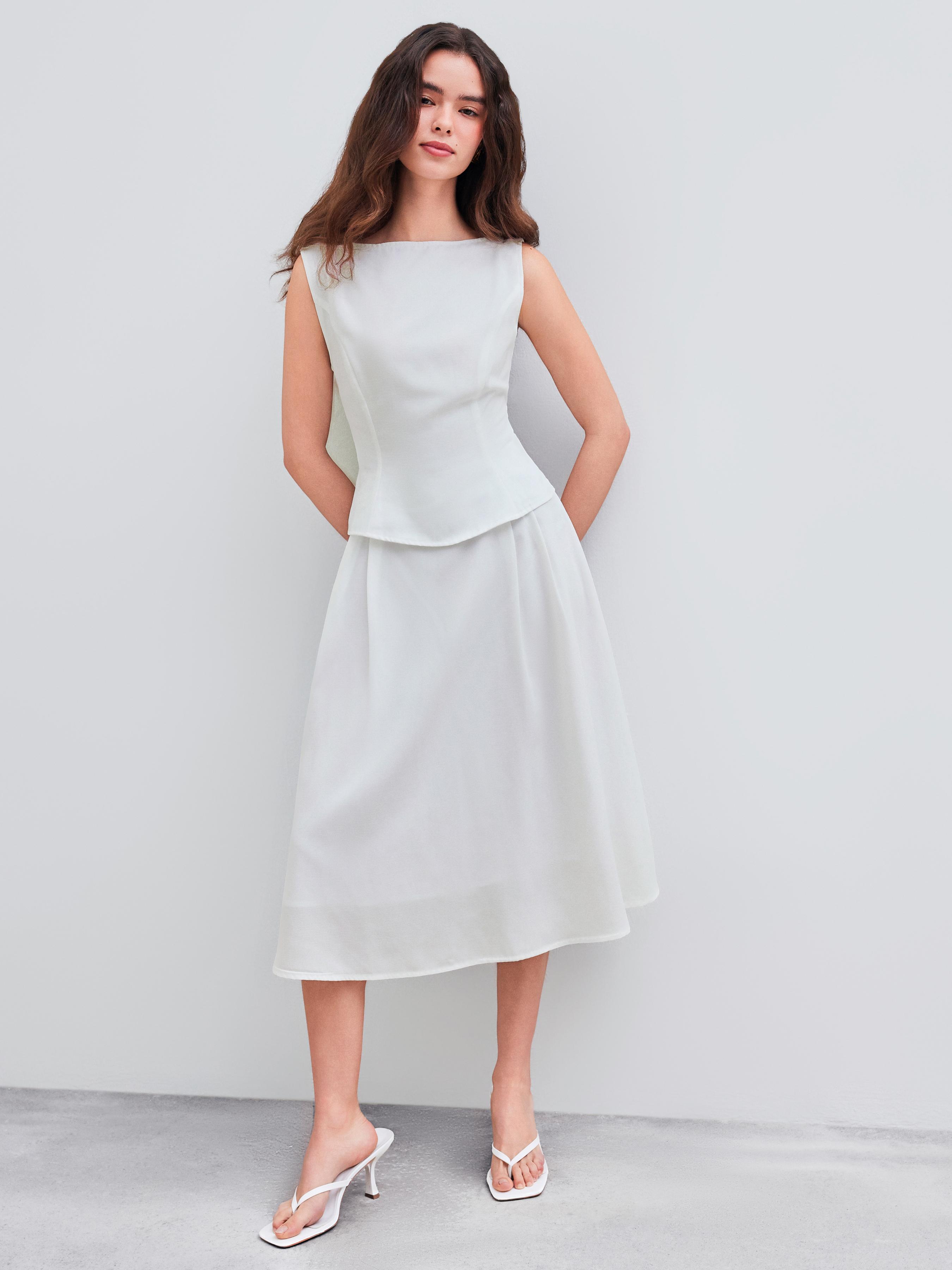 Woven Boat Neck Solid Tank Top & Mid Rise Midi Skirt by CIDER