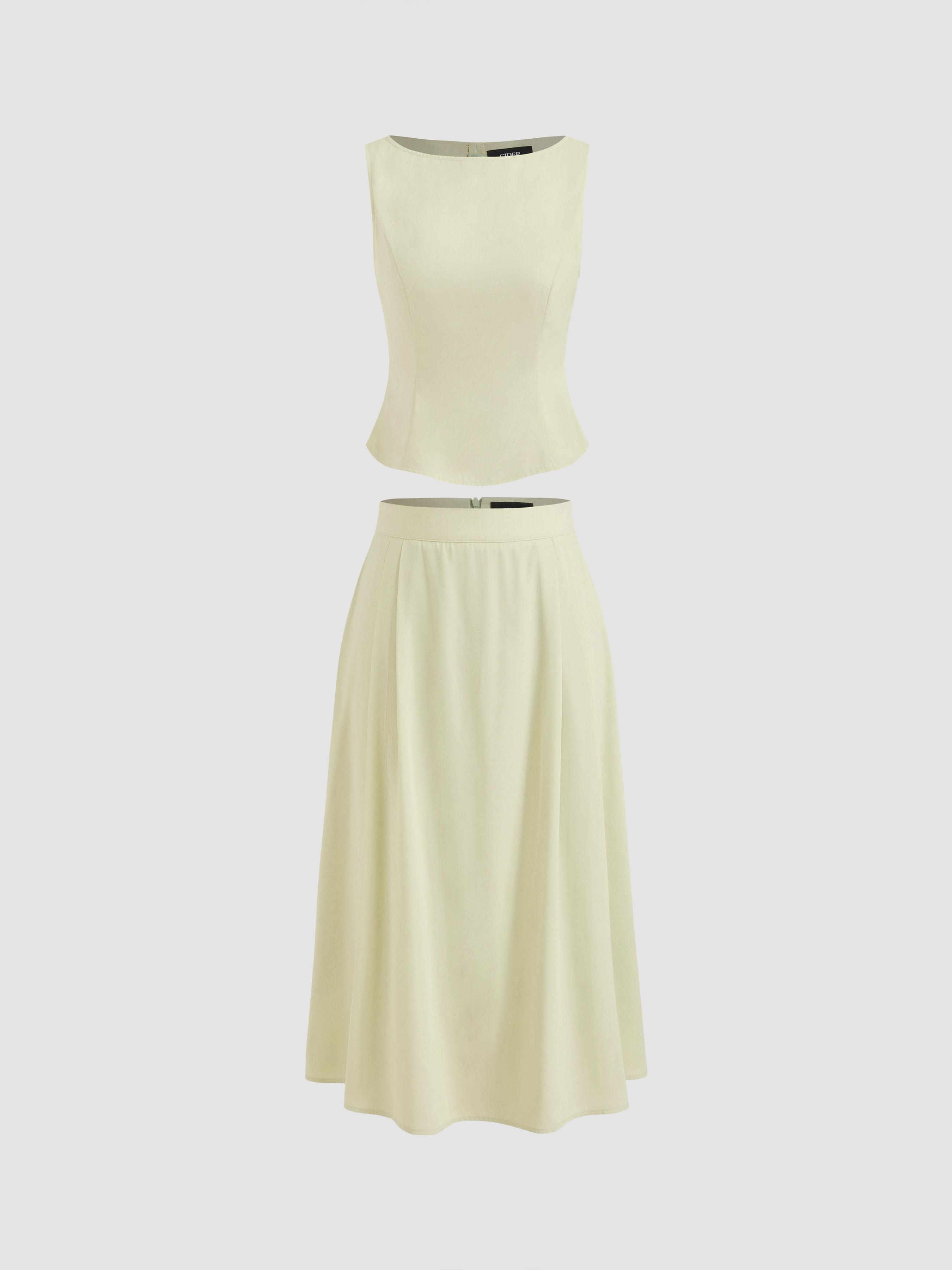 Woven Boat Neck Solid Tank Top & Mid Rise Midi Skirt by CIDER