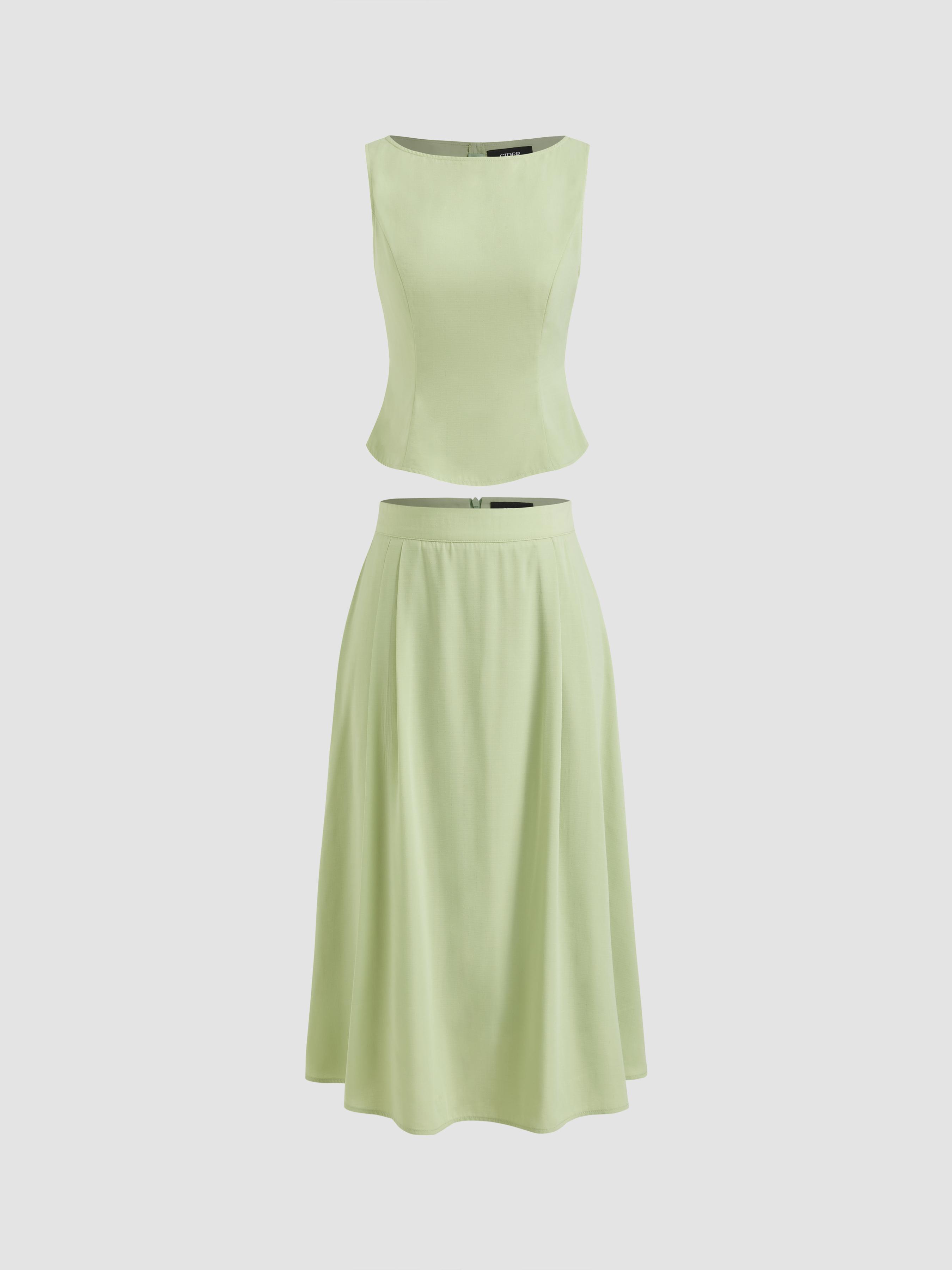 Woven Boat Neck Solid Tank Top & Mid Rise Midi Skirt by CIDER