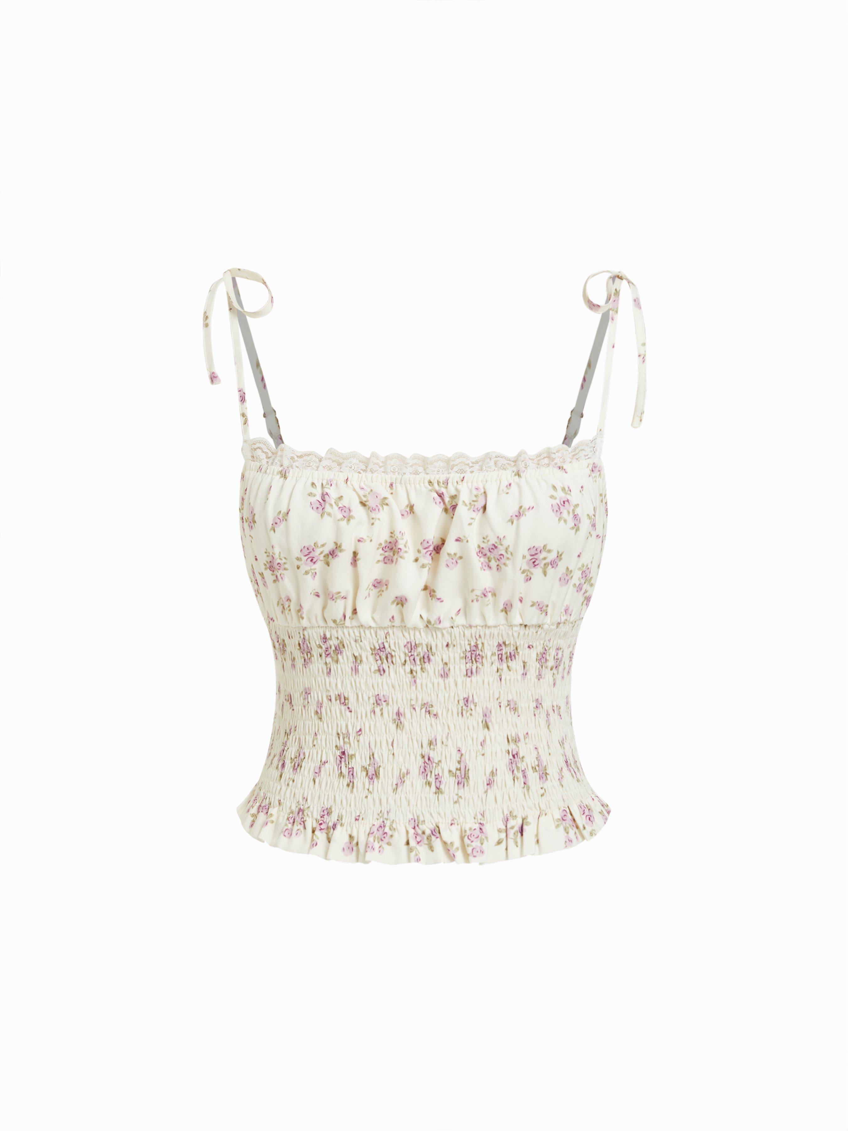 Woven Collarless Floral Crop Tops & Camis Blouses by CIDER