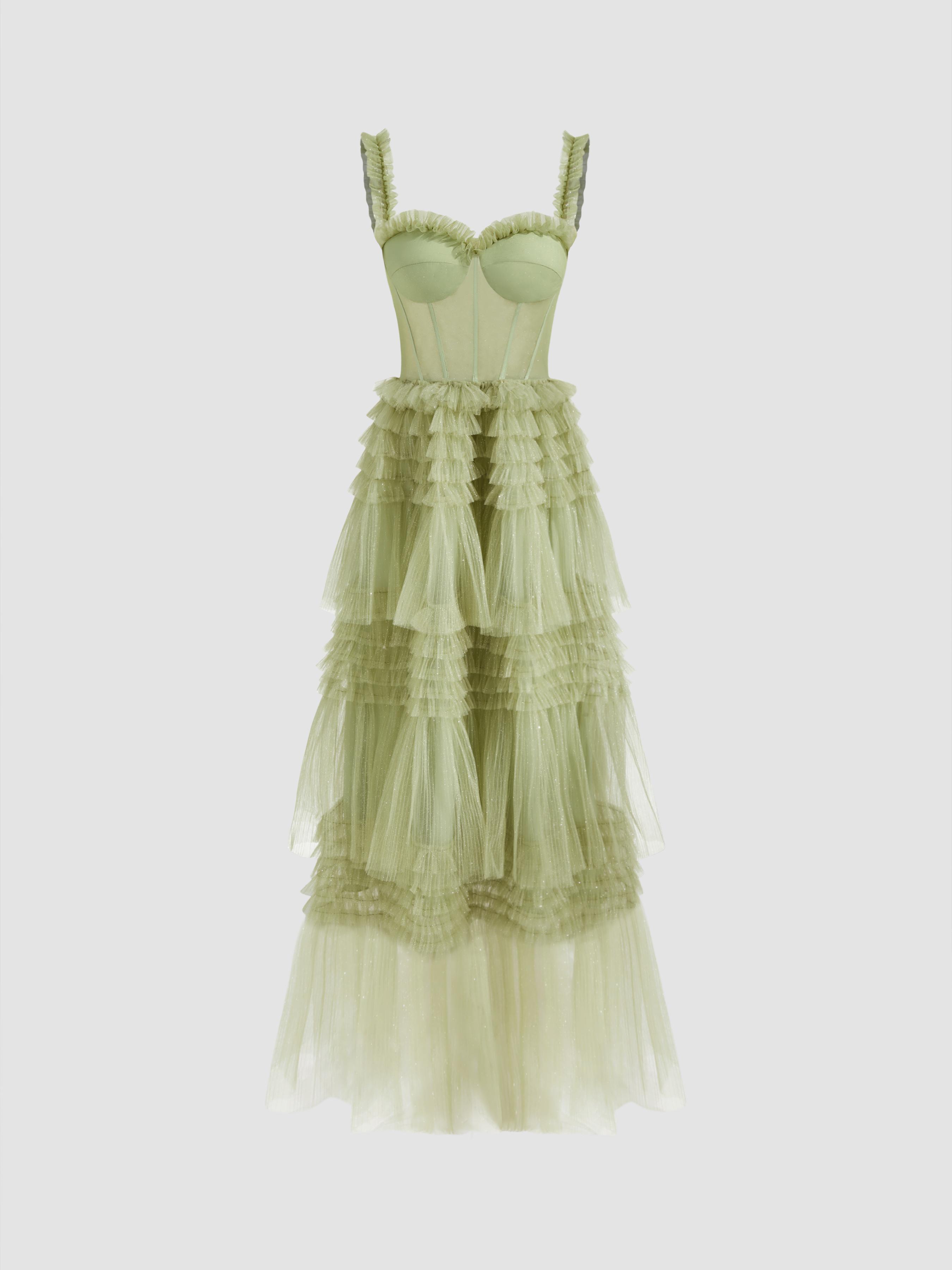 Woven Corset Layered Tulle Ruffle Maxi Dress by CIDER