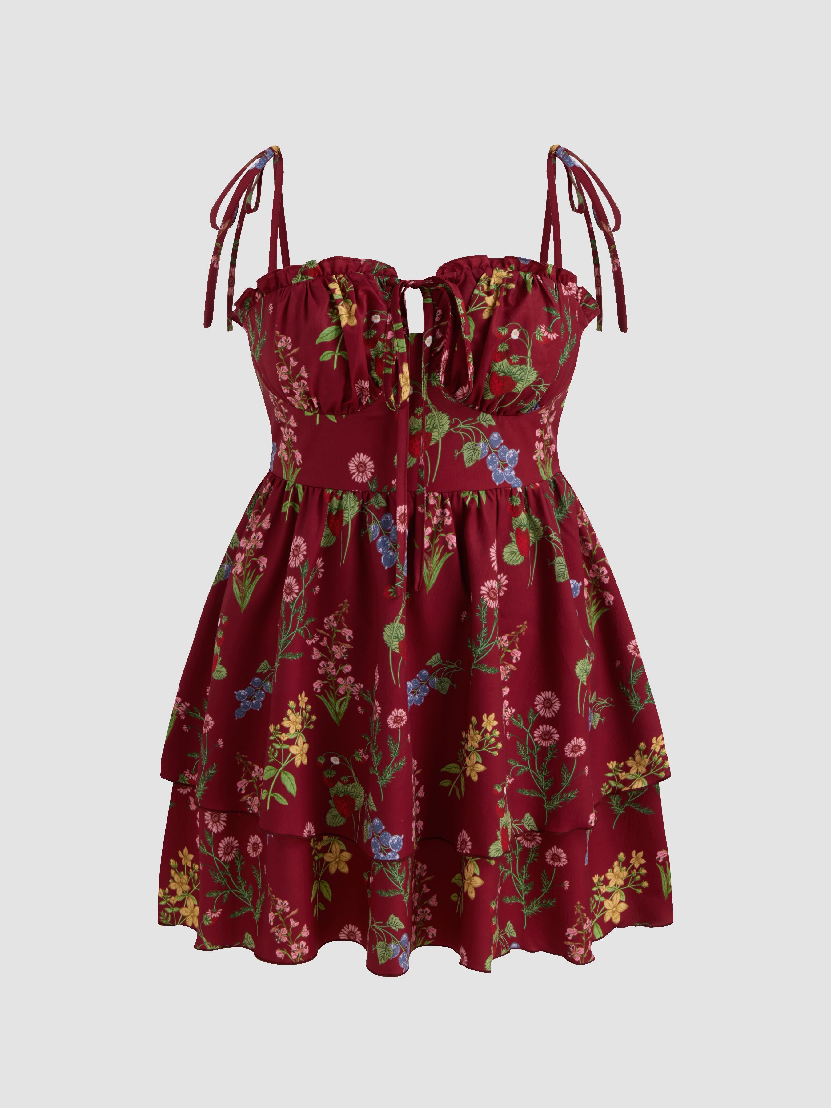 Woven Floral Ruffle Hem Knotted Layered Mini Dress Curve & Plus by CIDER