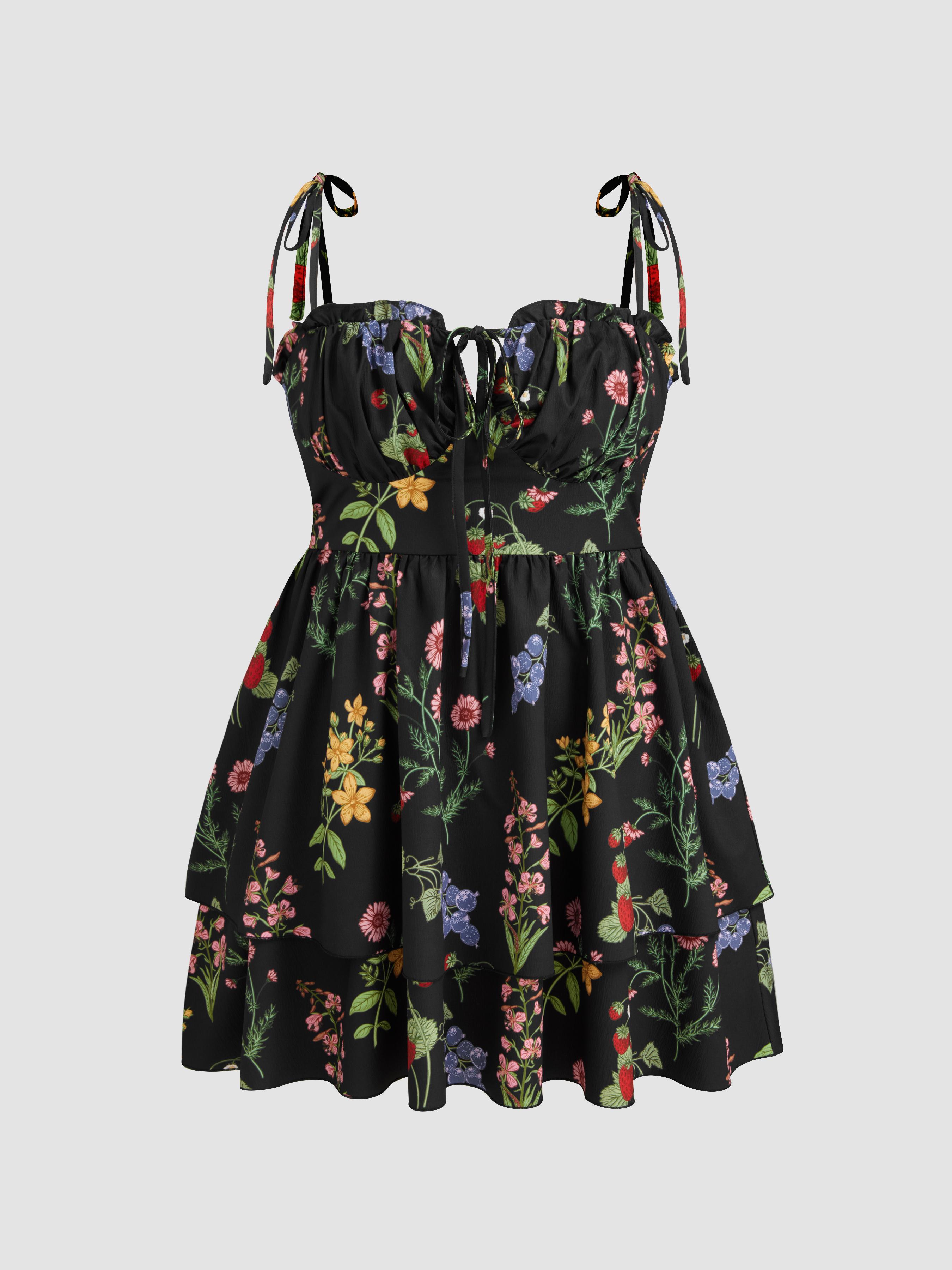 Woven Floral Ruffle Hem Knotted Layered Mini Dress Curve & Plus by CIDER