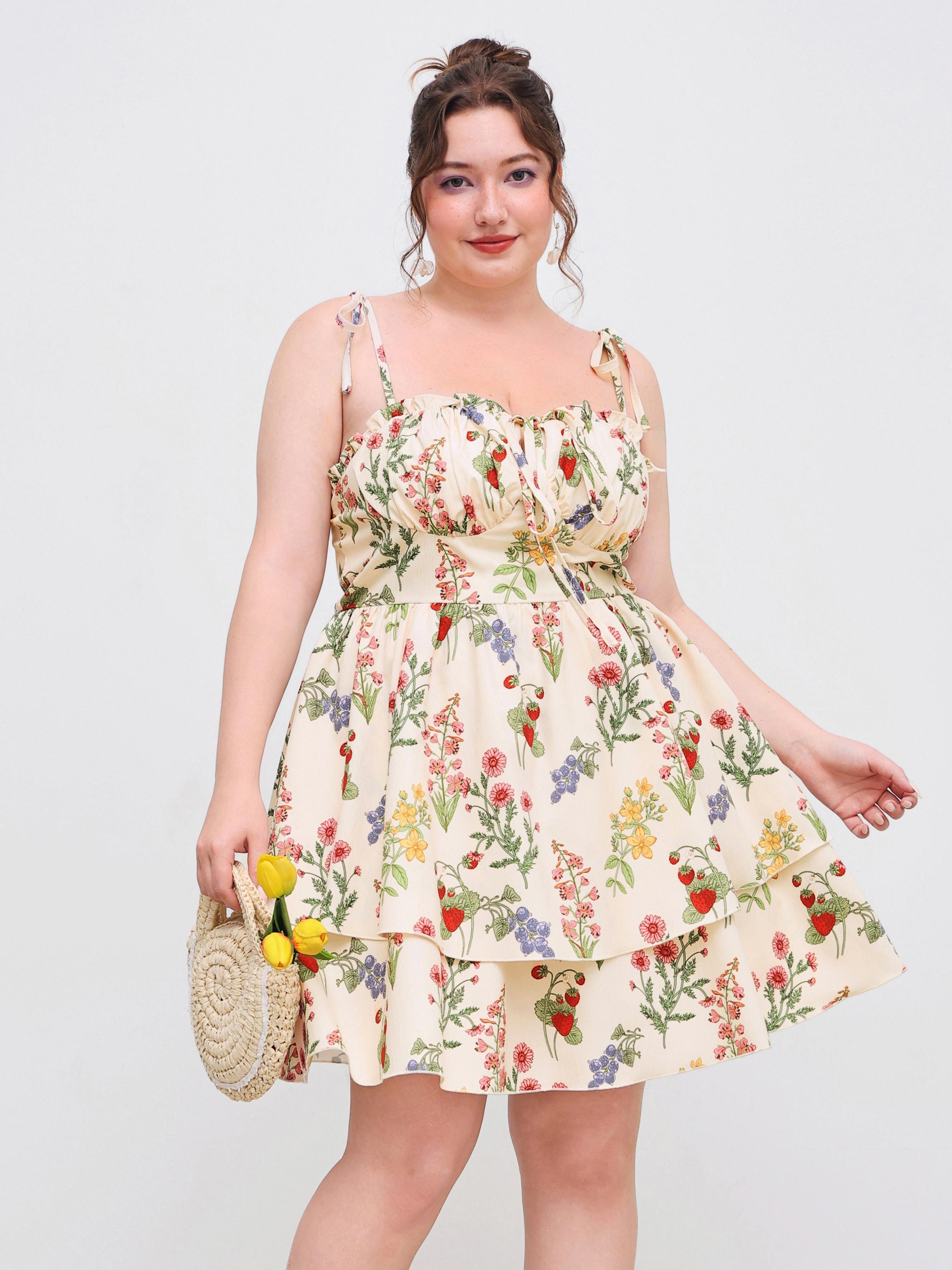 Woven Floral Ruffle Hem Knotted Layered Mini Dress Curve & Plus by CIDER