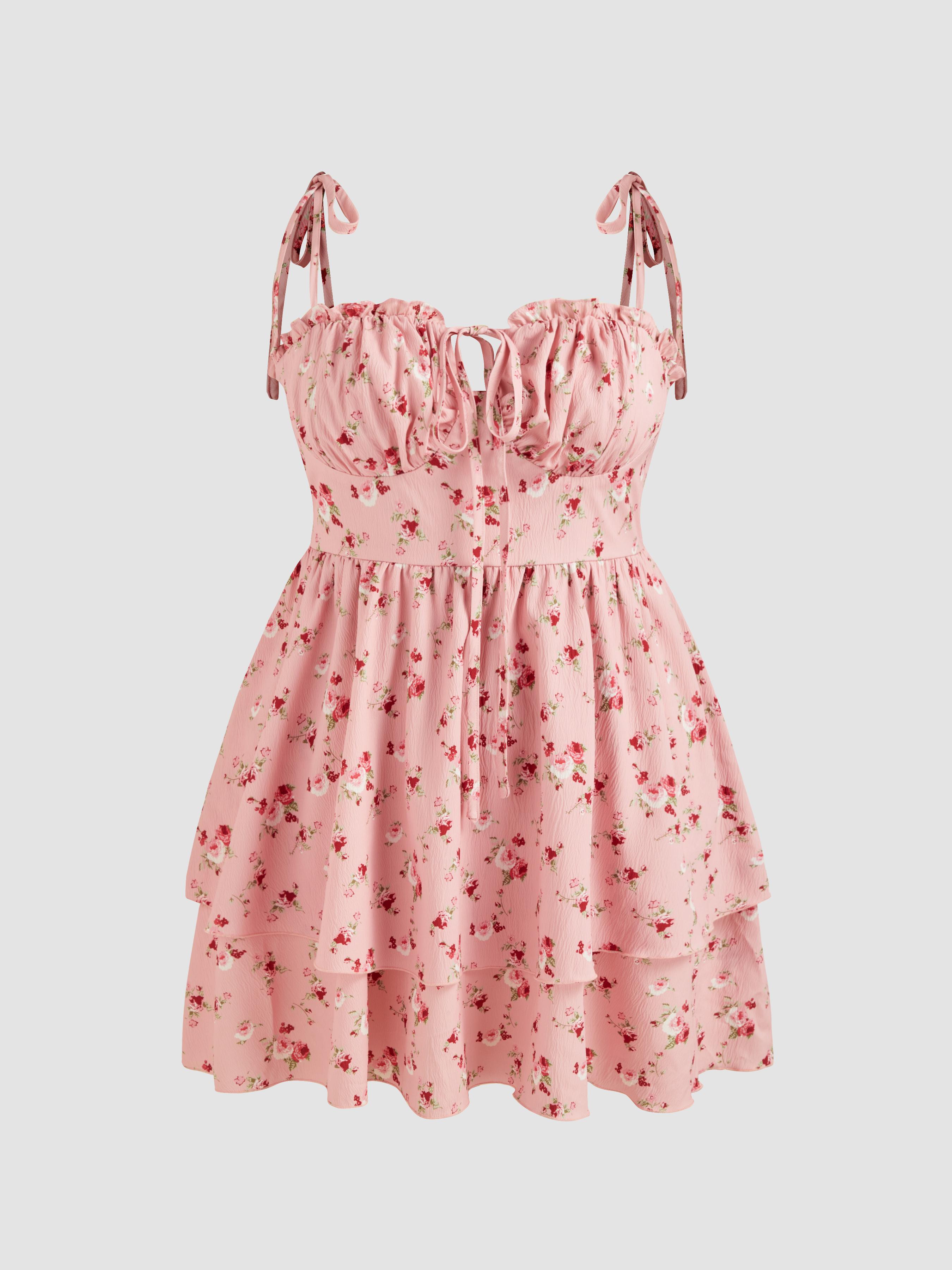 Woven Floral Ruffle Hem Knotted Layered Mini Dress Curve & Plus by CIDER