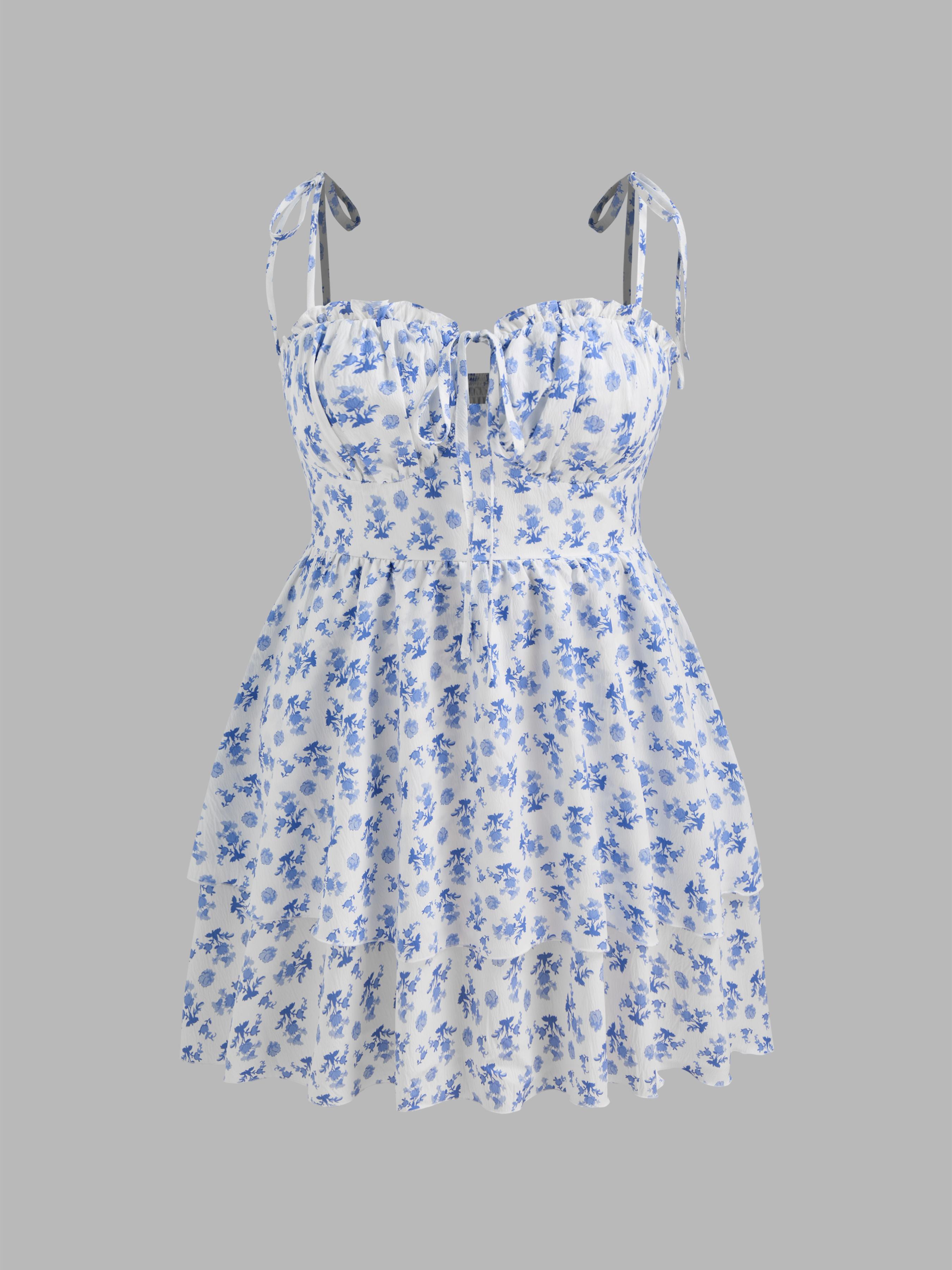 Woven Floral Ruffle Hem Knotted Layered Mini Dress Curve & Plus by CIDER