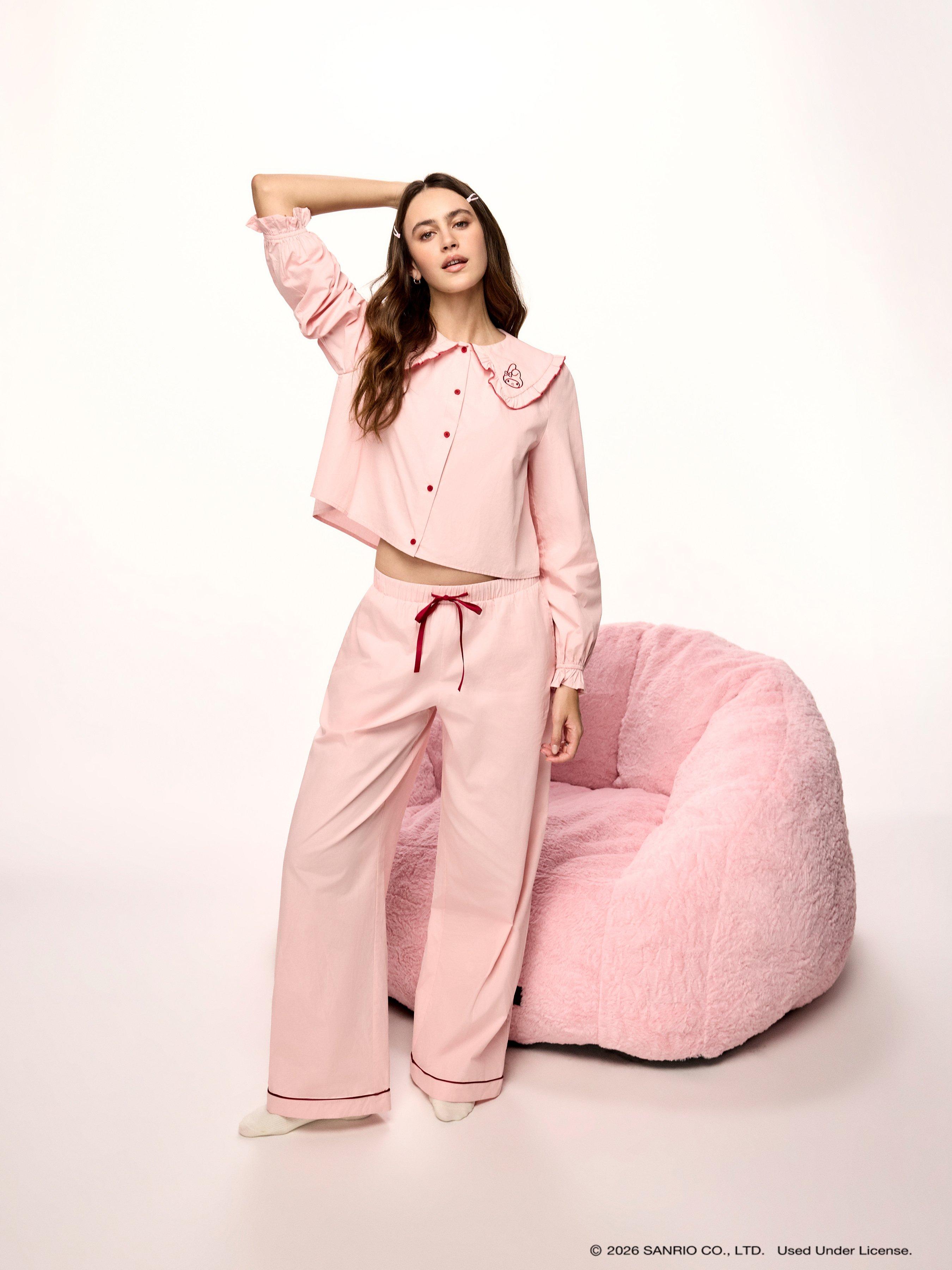 Woven Hello Kitty Embroidered Ruffle Collar Pajama Set by CIDER