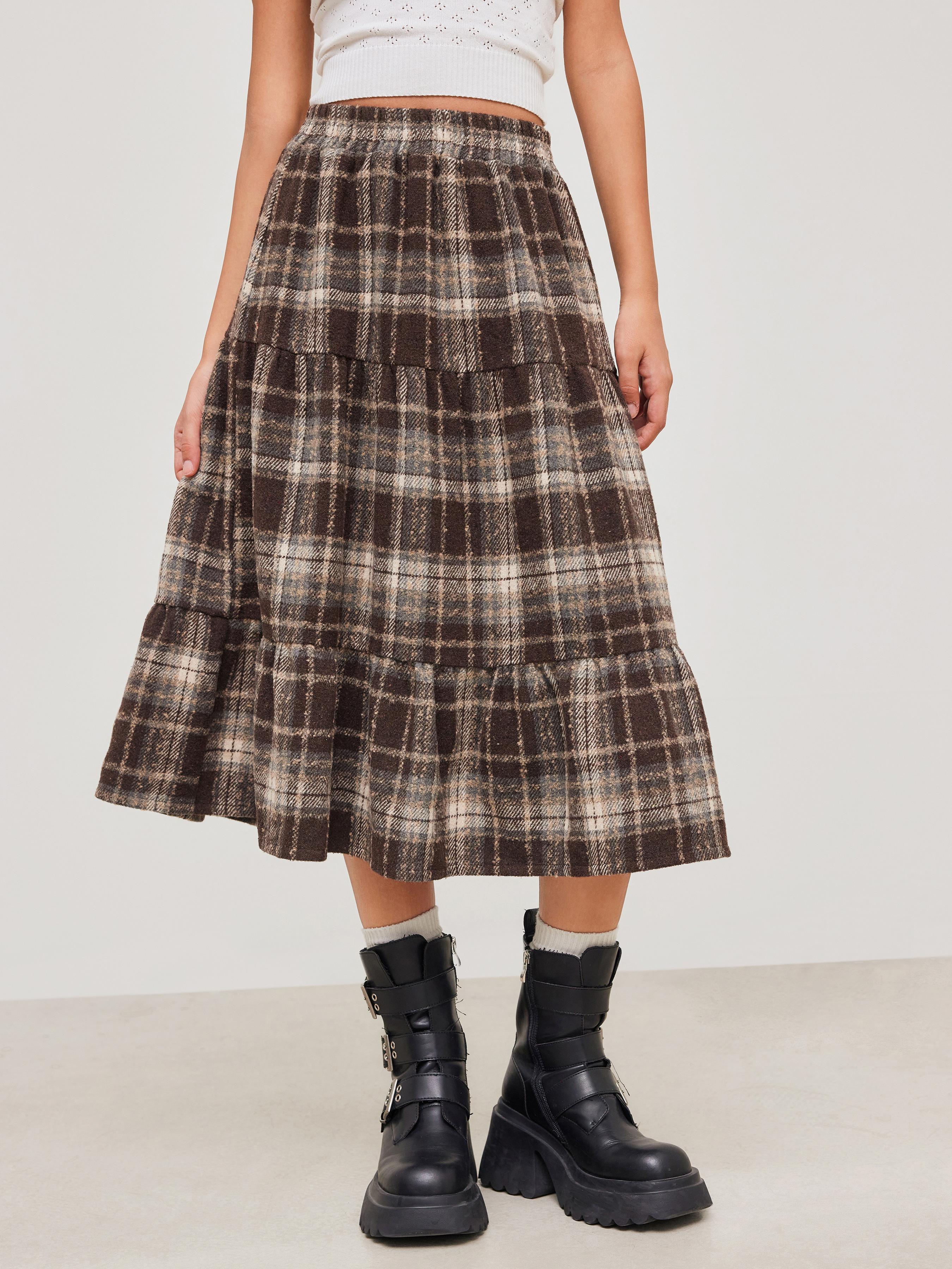 Woven High Rise Check Ruffle Tiered Maxi Skirt by CIDER