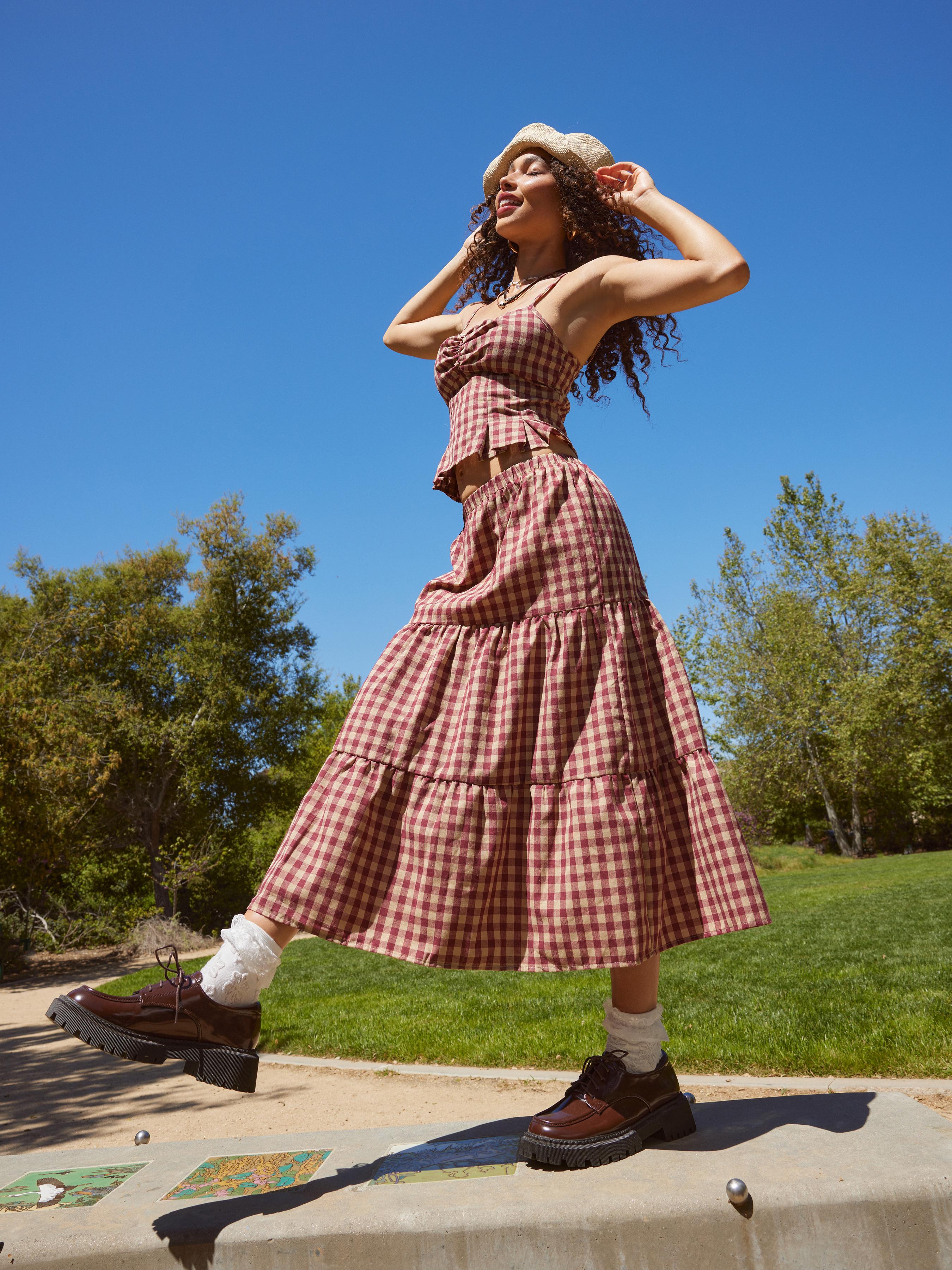 Woven High Rise Gingham Tiered Midi Skirt by CIDER