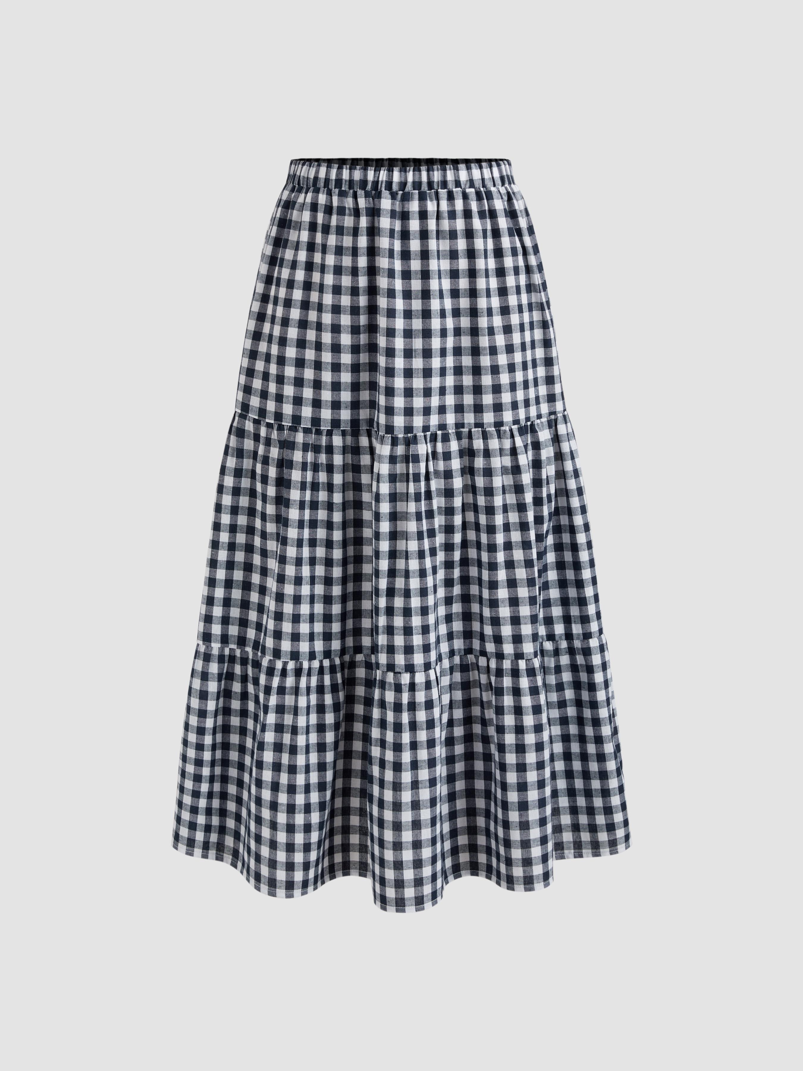Woven High Rise Gingham Tiered Midi Skirt by CIDER