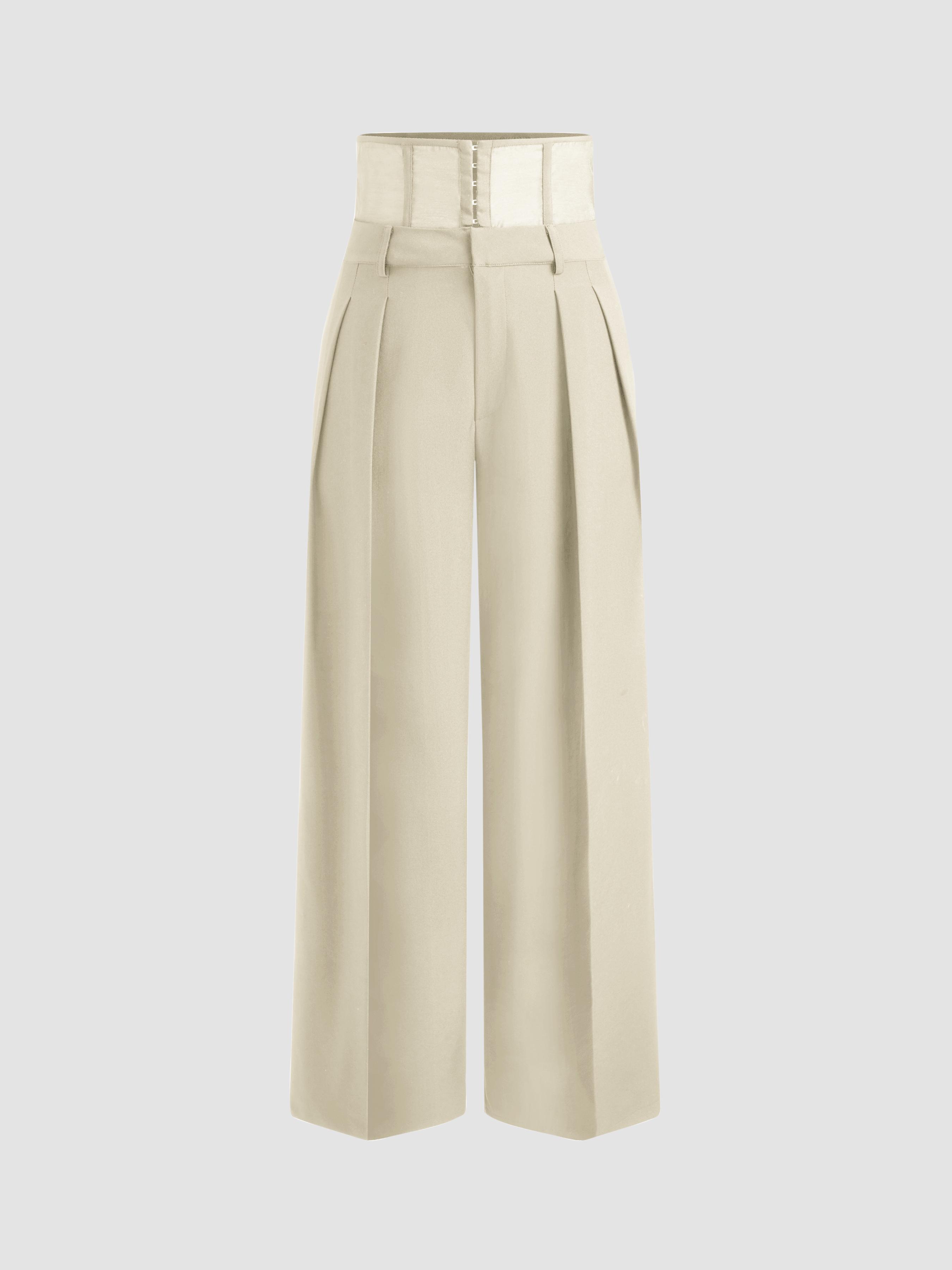 Woven Mid Rise Solid Corset Belt Wide Leg Trousers by CIDER