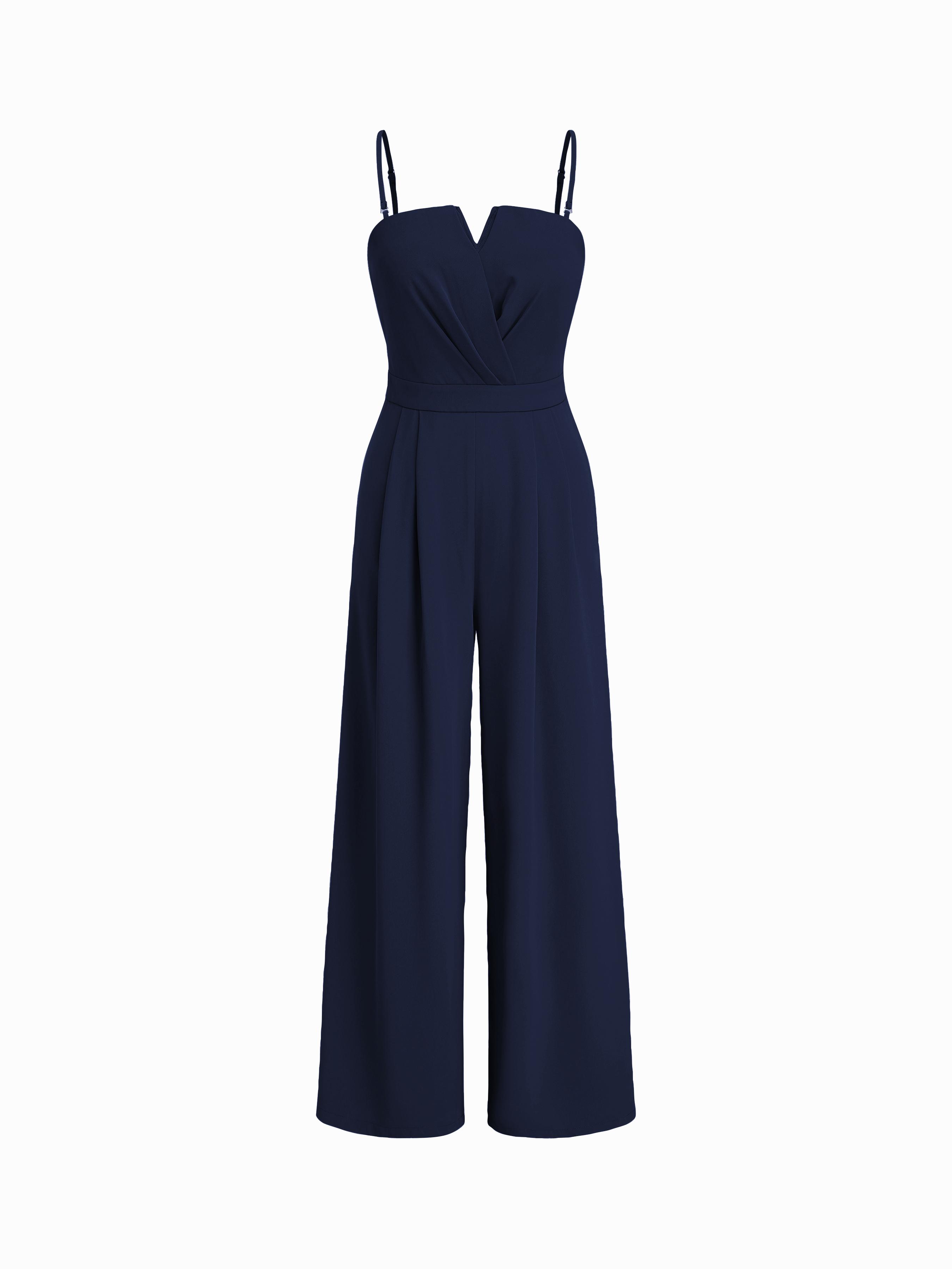 Woven Solid Shirred Pleated Straight Leg Jumpsuit by CIDER