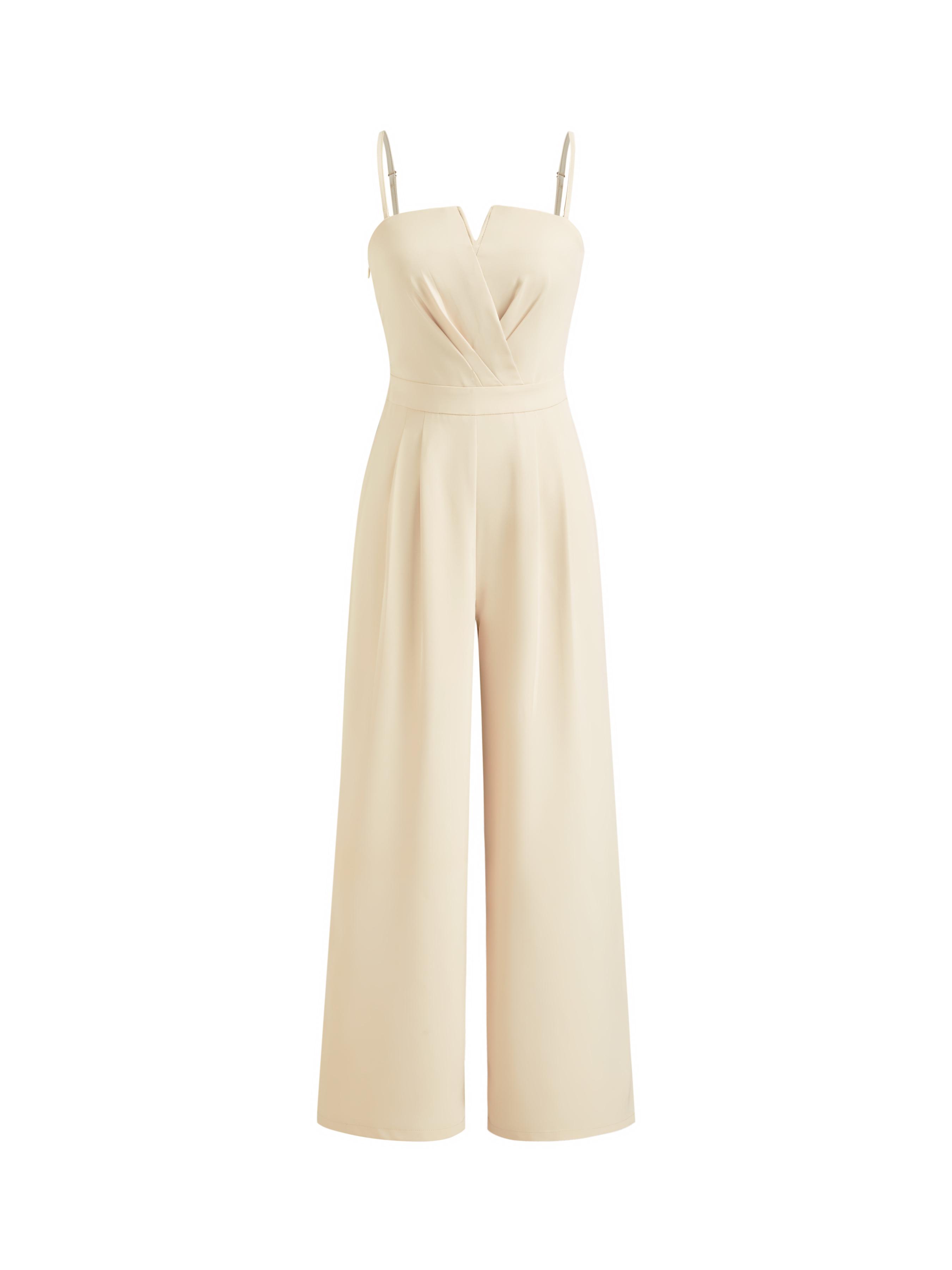 Woven Solid Shirred Pleated Straight Leg Jumpsuit by CIDER